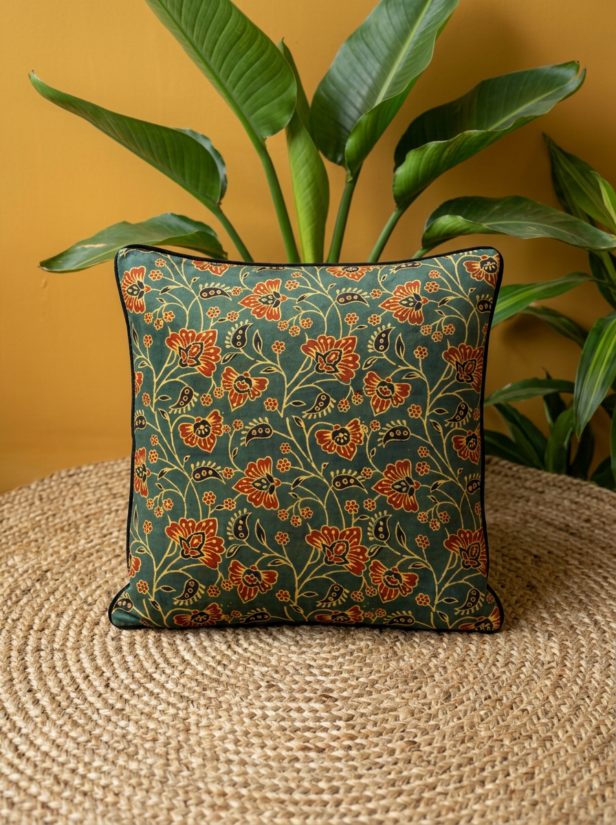 Ajrakh Modal Dancing Dahlias Green Cushion Cover