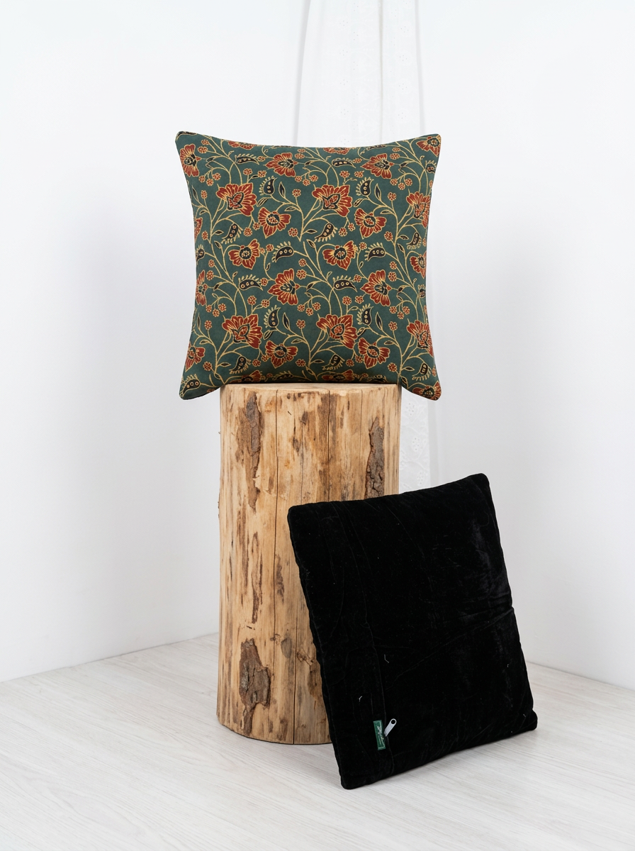 Ajrakh Modal Dancing Dahlias Green Cushion Cover