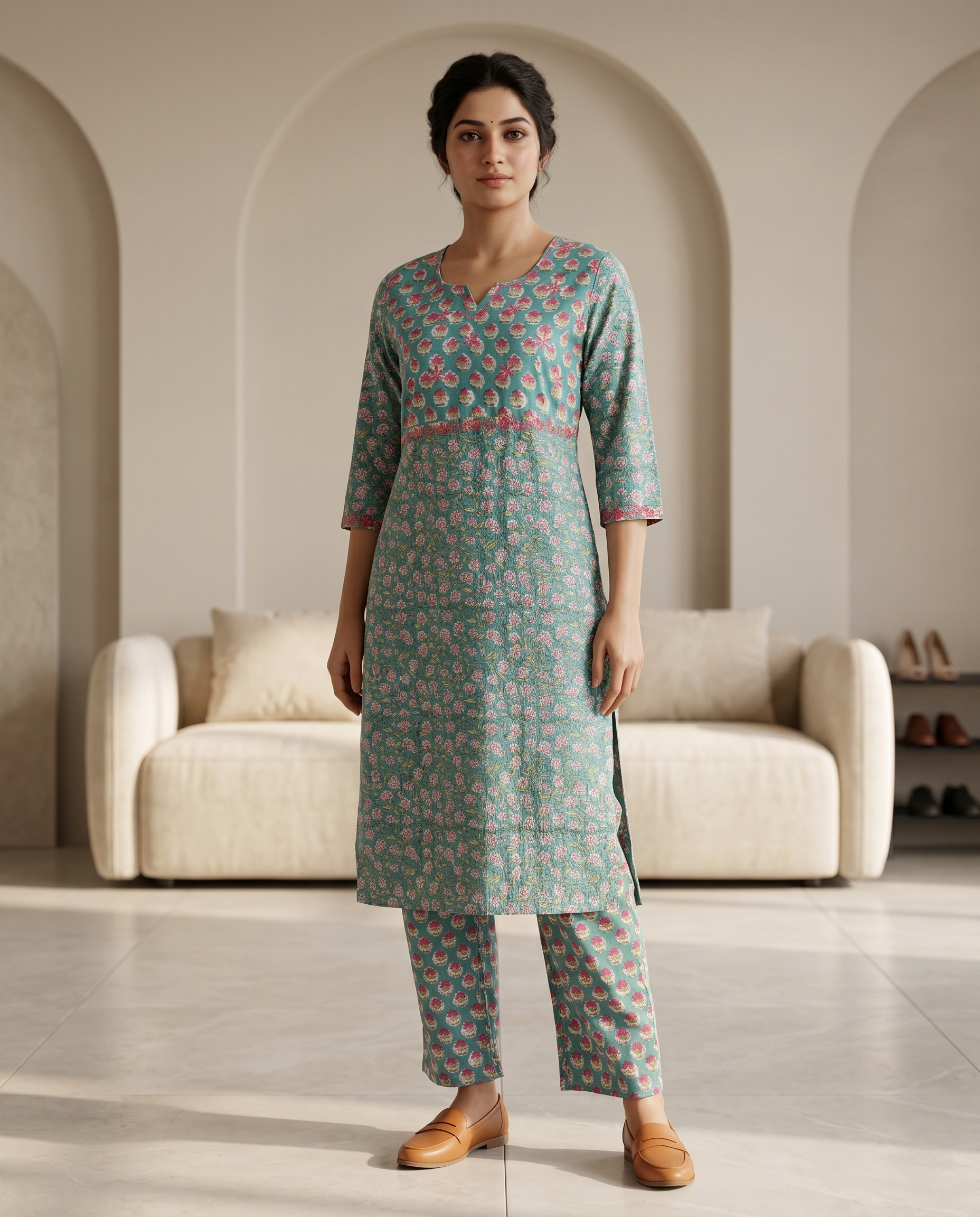 GOLDEN GRACE EMBROIDERY KURTA PANT SET - HANDBLOCK