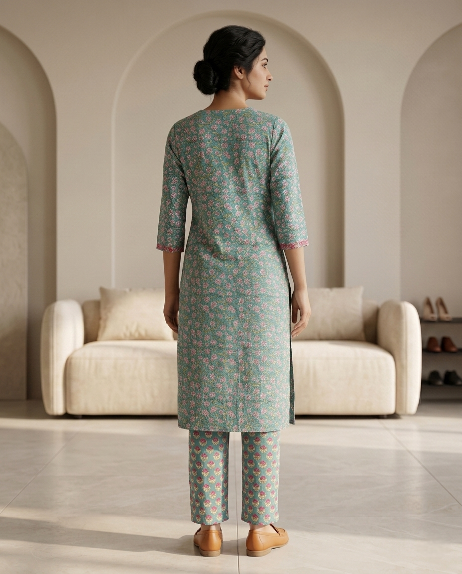 GOLDEN GRACE EMBROIDERY KURTA PANT SET - HANDBLOCK