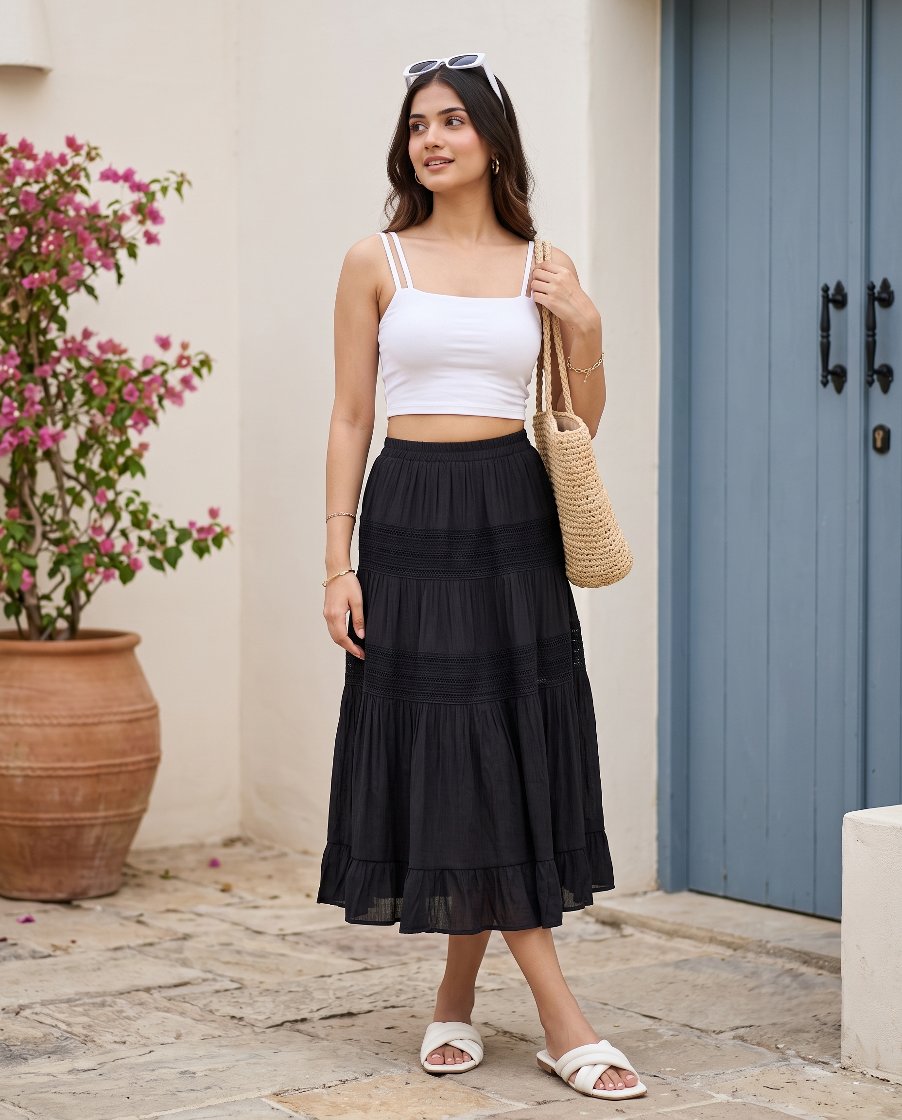 Celestia Tiered Midi Skirt – Classic Black