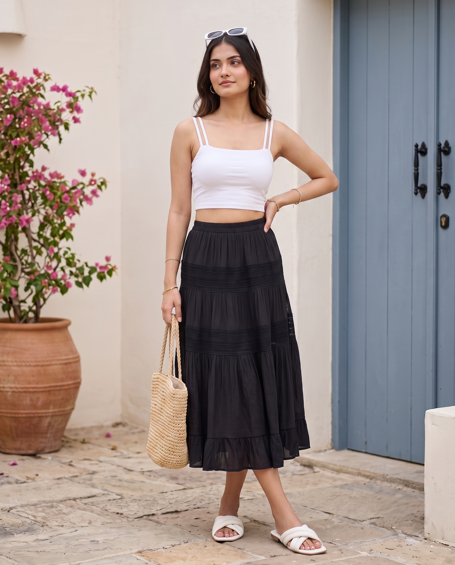 Celestia Tiered Midi Skirt – Classic Black