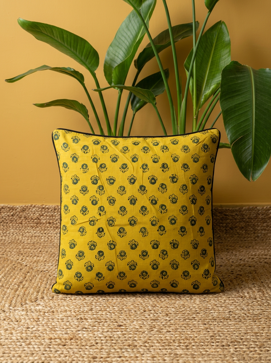 Ajrakh Modal Scattered Starbuds Yellow Cushion Cover