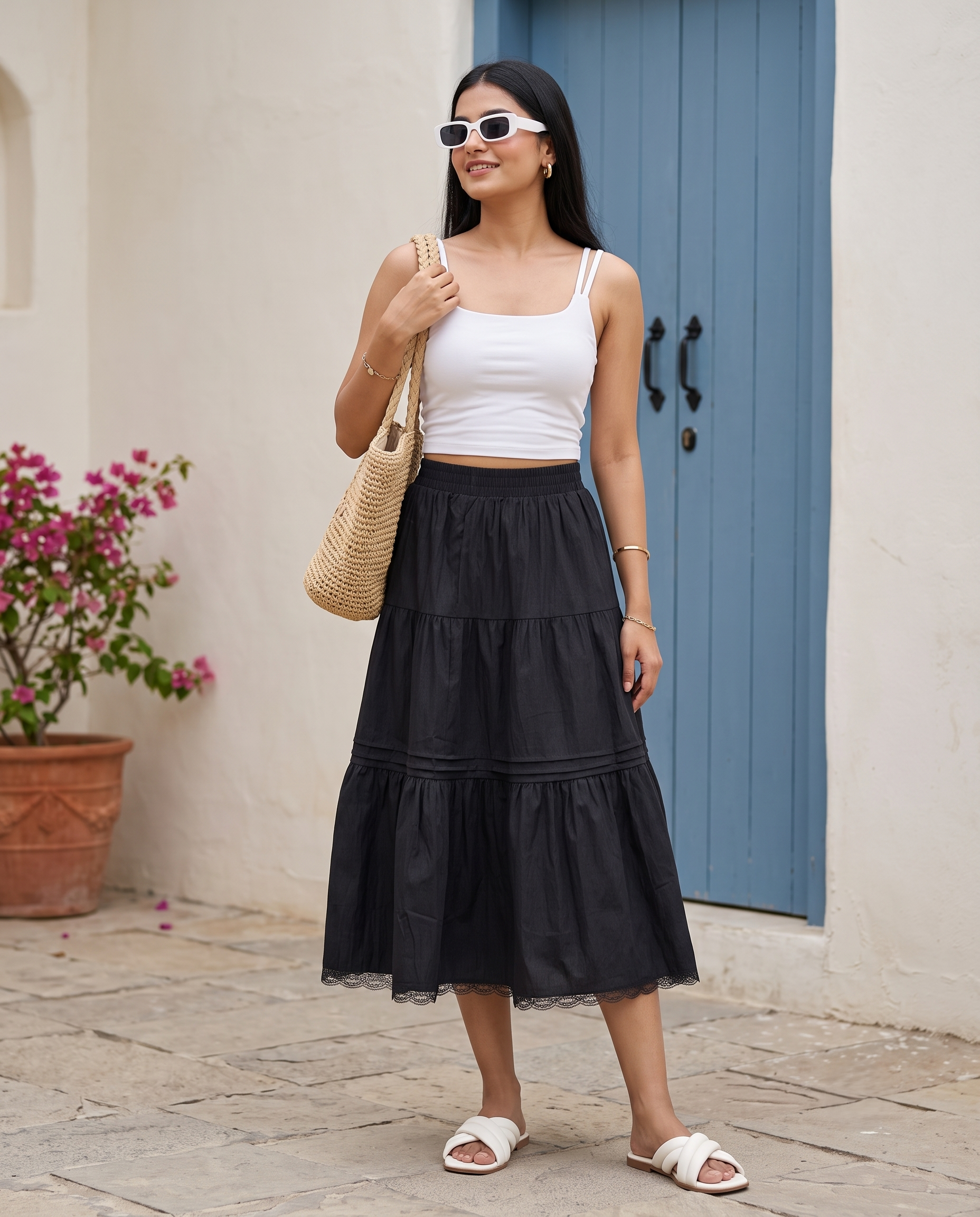 Elara Flared Midi Skirt – Classic Black