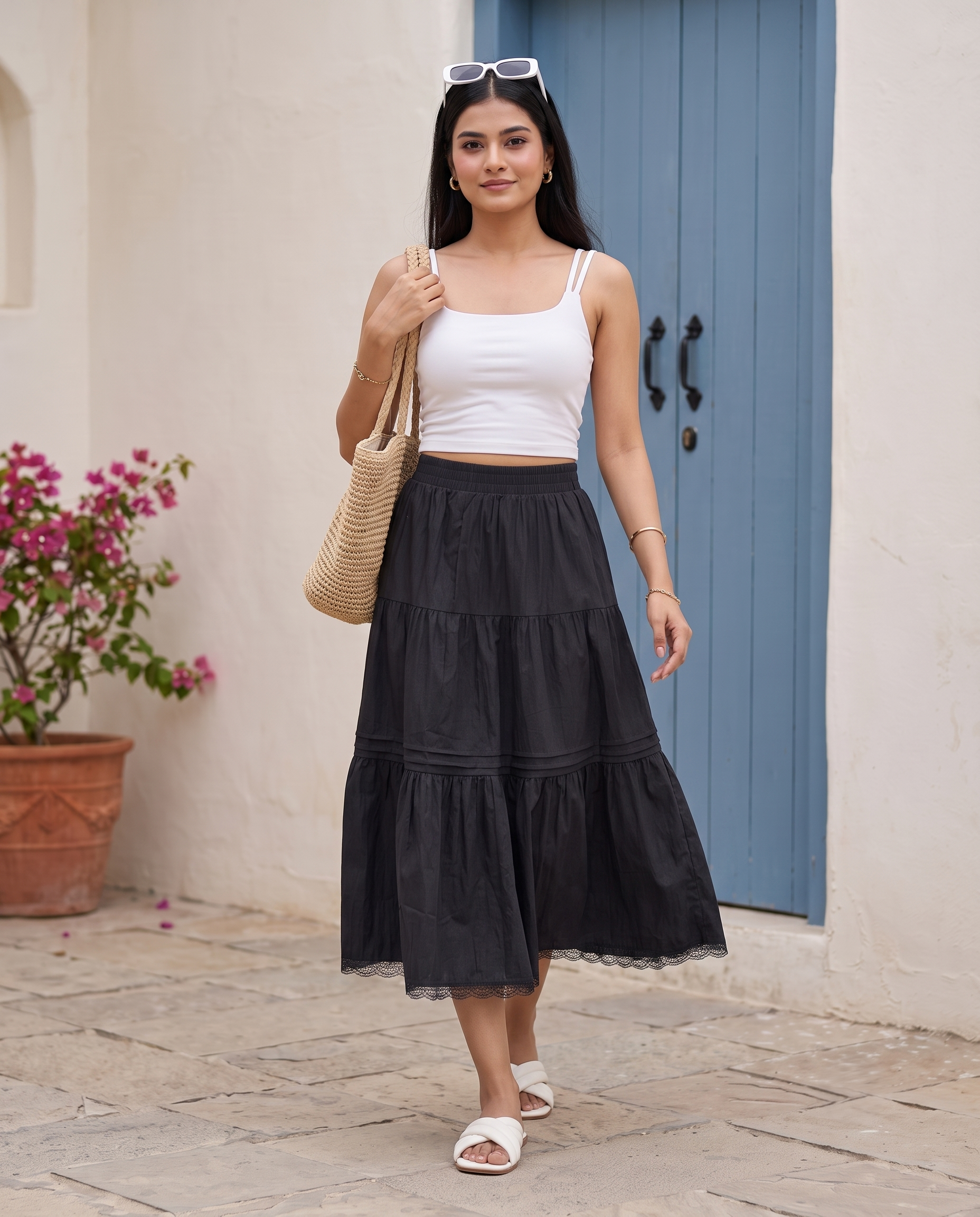 Elara Flared Midi Skirt – Classic Black