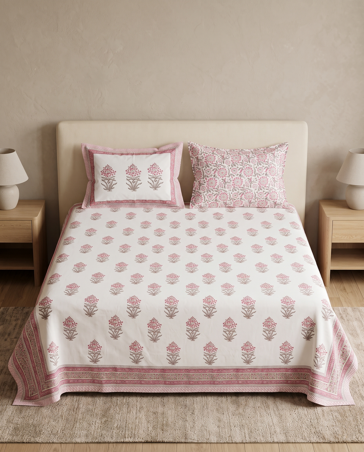 The Blush Pink Floral Butta Thick Cotton Bedsheet