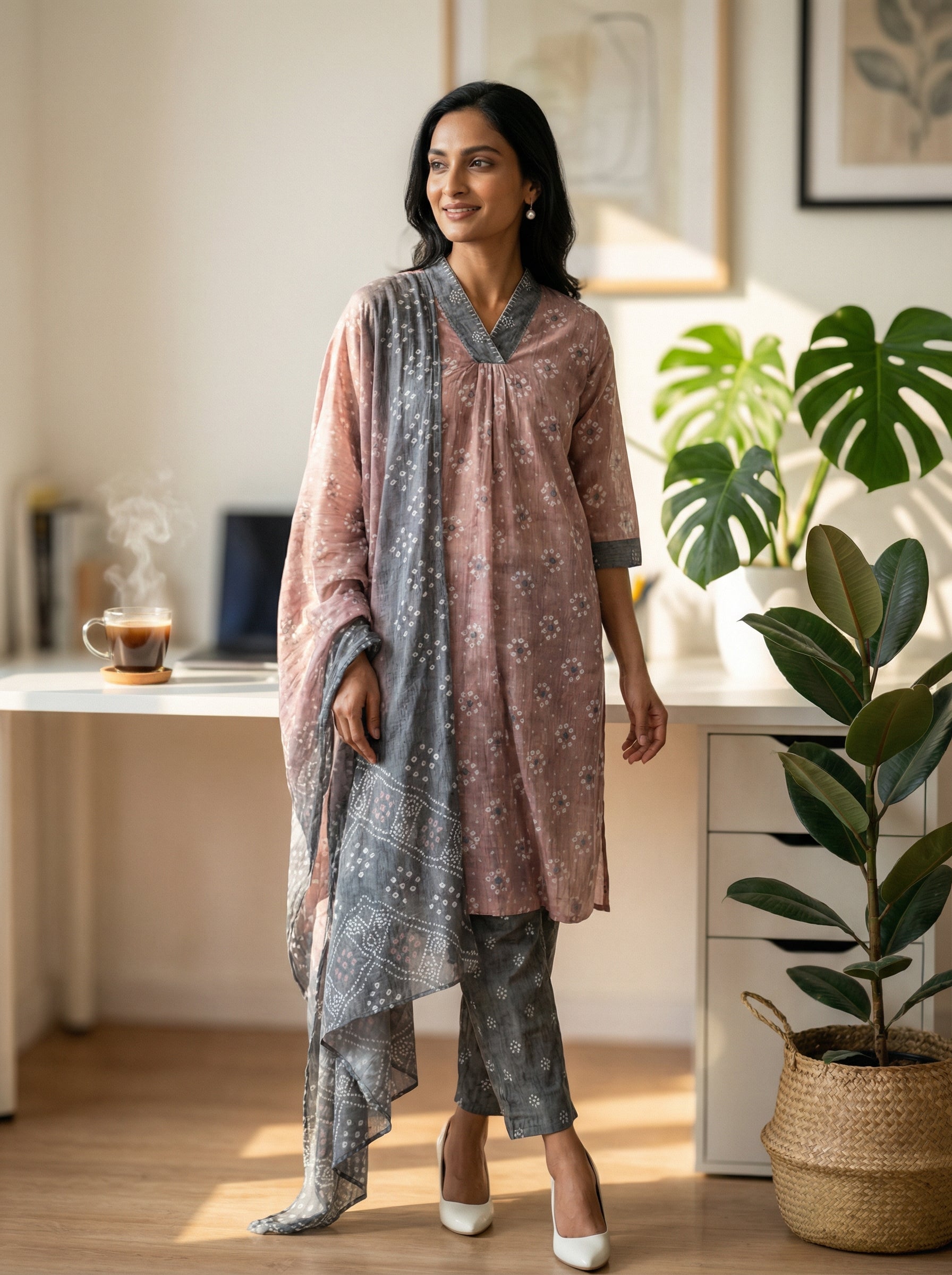BANDHEJ PURE MUSLIN SILK BROWN KPD SET
