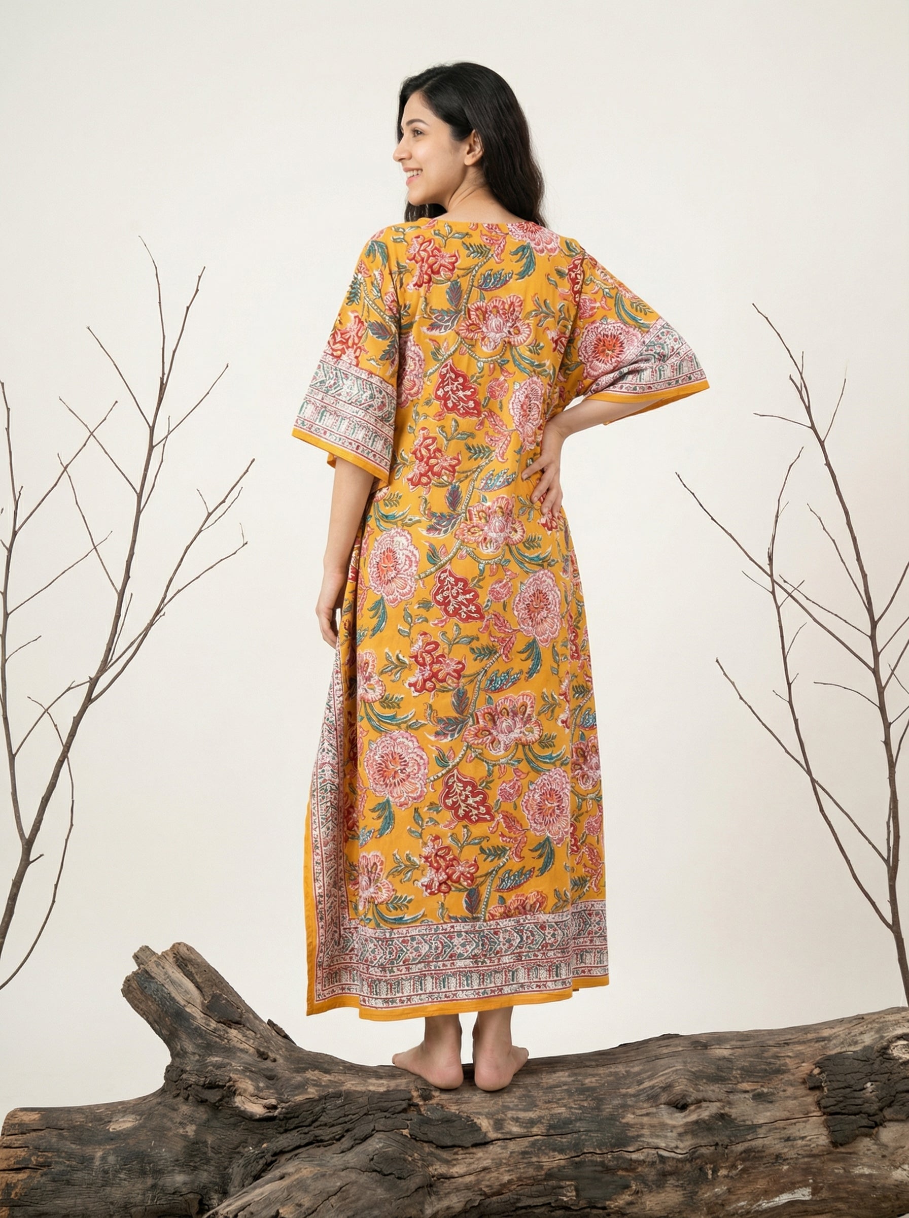 Long Mul Cotton Mustard Brown Kaftan