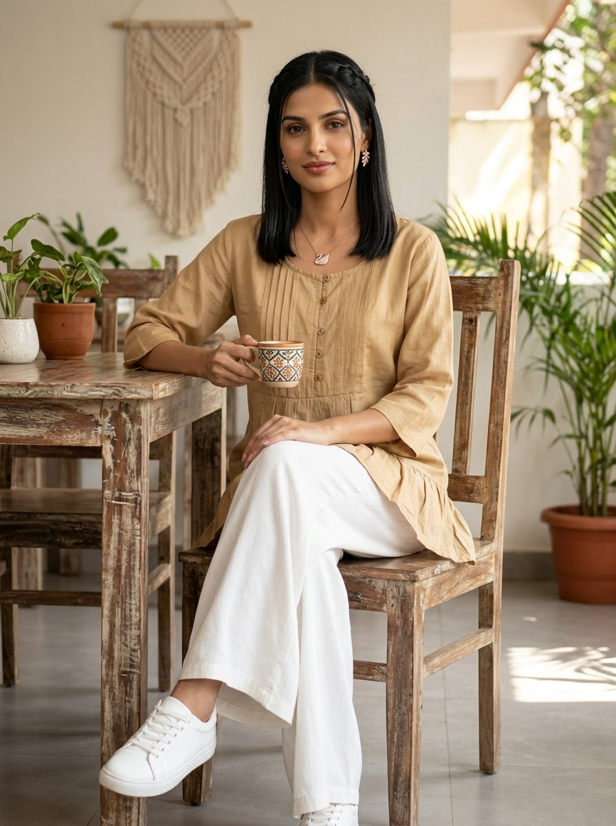 THE LINEAR WAVE BEIGE COTTON TOP