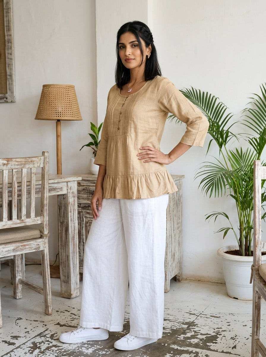 THE LINEAR WAVE BEIGE COTTON TOP