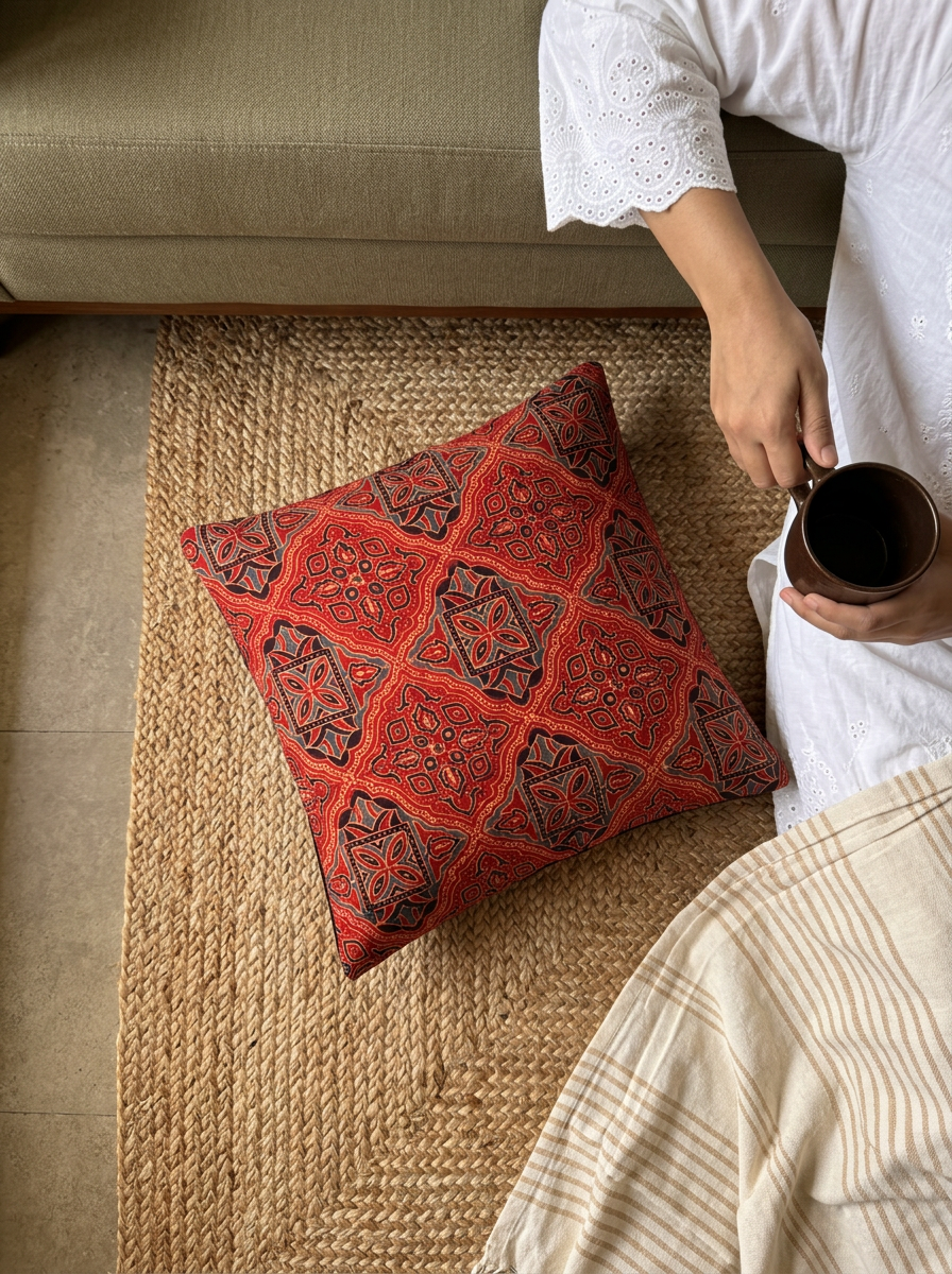 Ajrakh Modal Diamond Lattice Bloom Red Cushion Cover