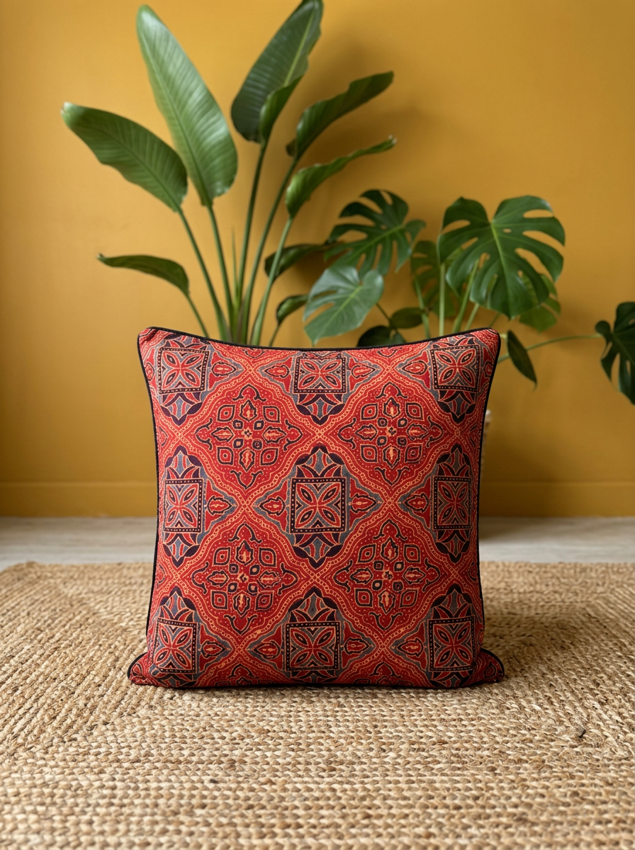 Ajrakh Modal Diamond Lattice Bloom Red Cushion Cover