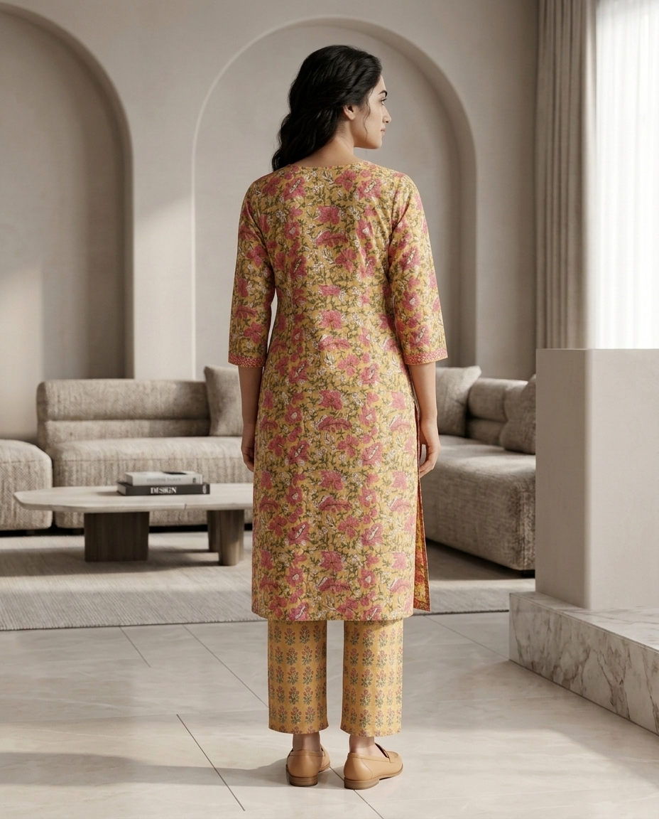 GOLDEN GRACE EMBROIDERY KURTA PANT SET - HANDBLOCK