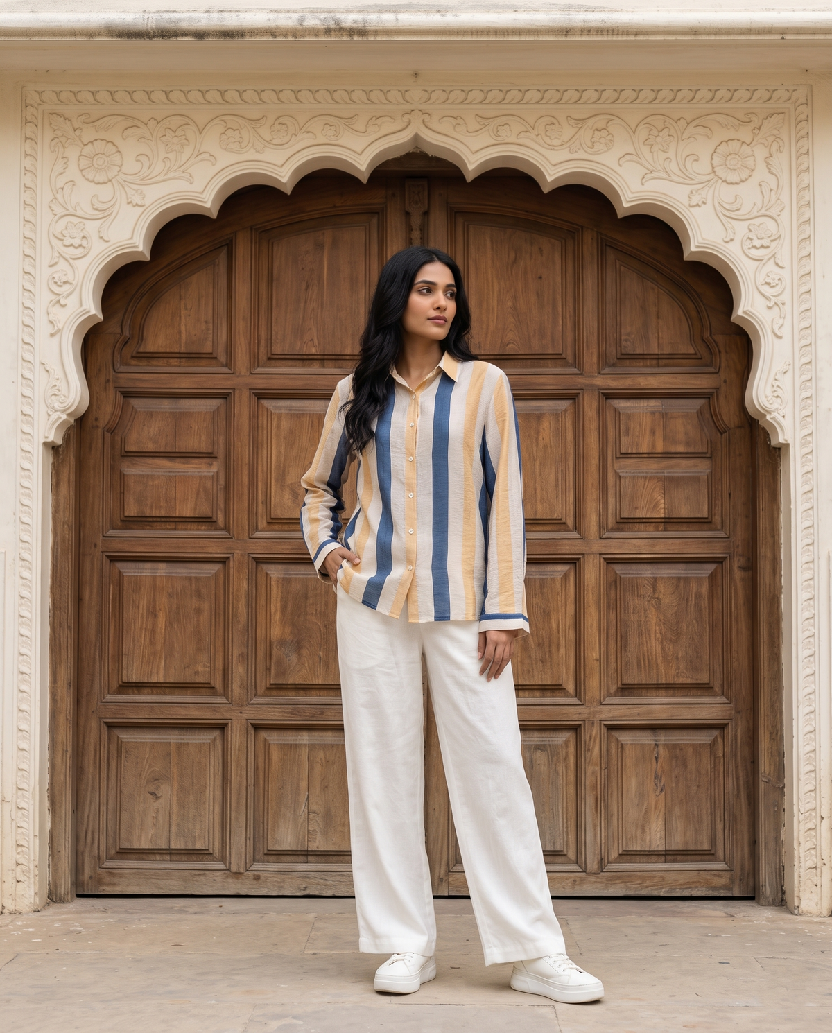 Bamboo Silk 150 GM Sand Beige & Navy Stripe Shirt