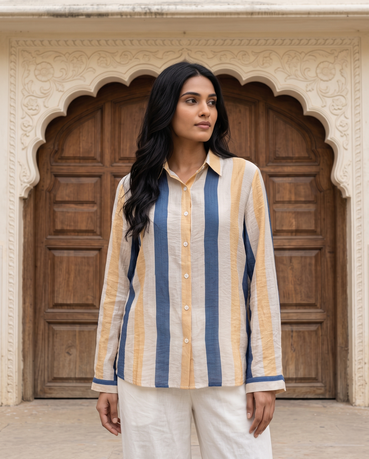 Bamboo Silk 150 GM Sand Beige & Navy Stripe Shirt