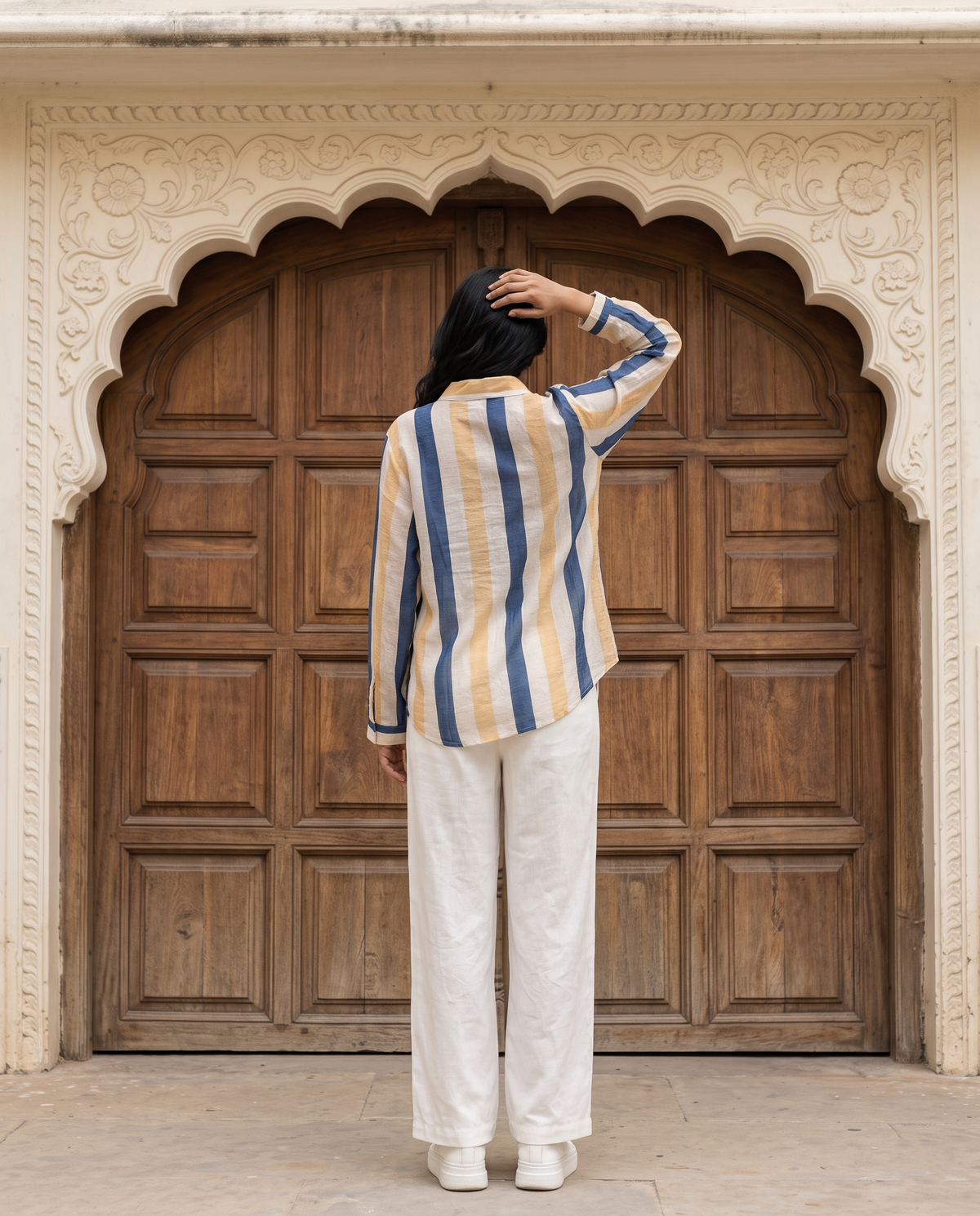 Bamboo Silk 150 GM Sand Beige & Navy Stripe Shirt