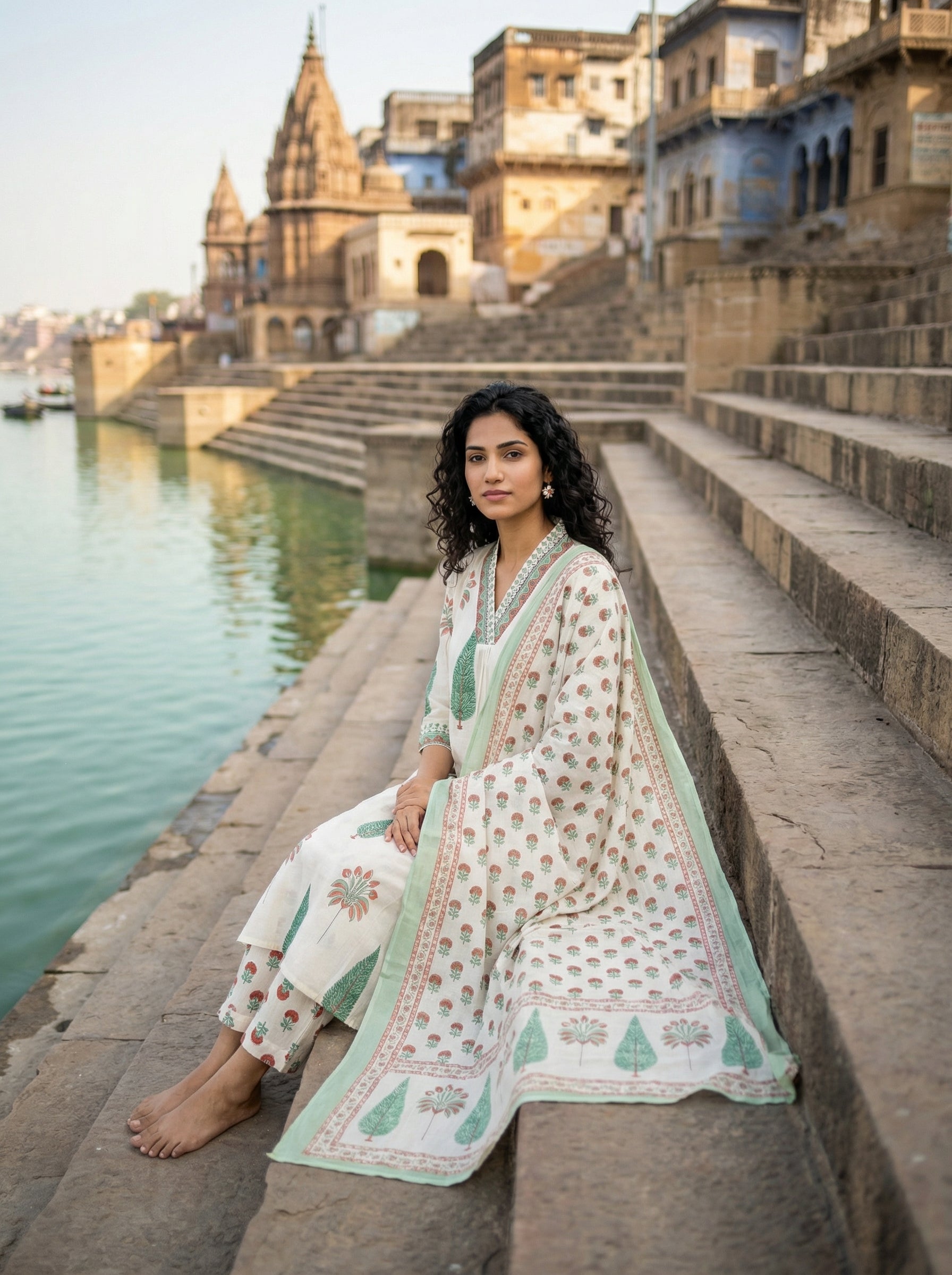 V-Neck Boota Elegance Off-white and Green KPD Set