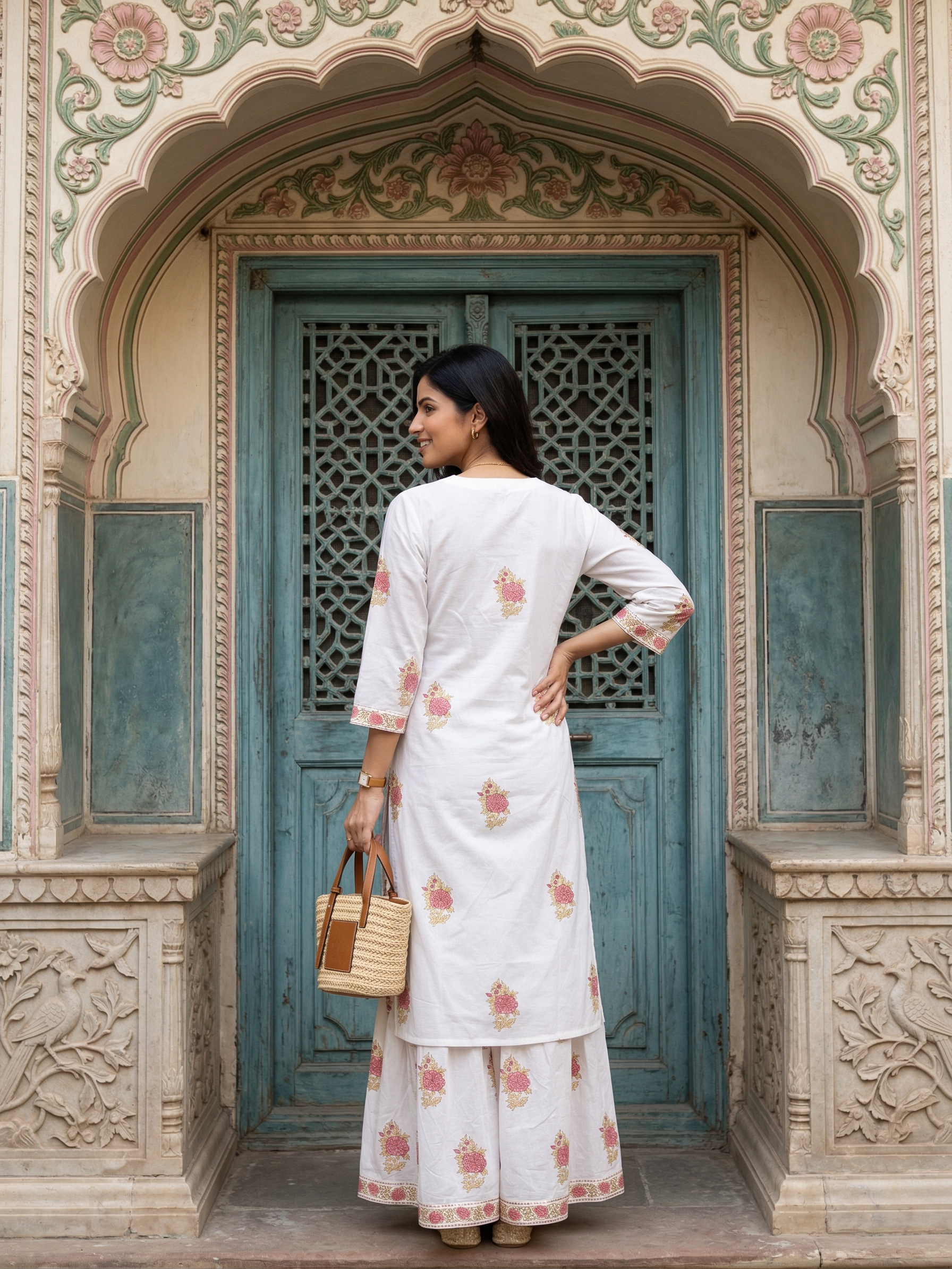 Peachish Pink Floral Butta Premium Cotton Kurta