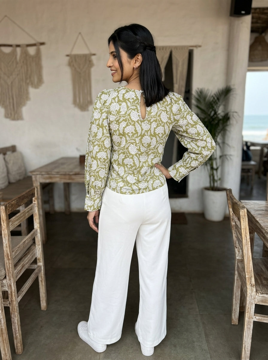 ROSE PUFF HAND BLOCK OLIVE GREEN COTTON TOP