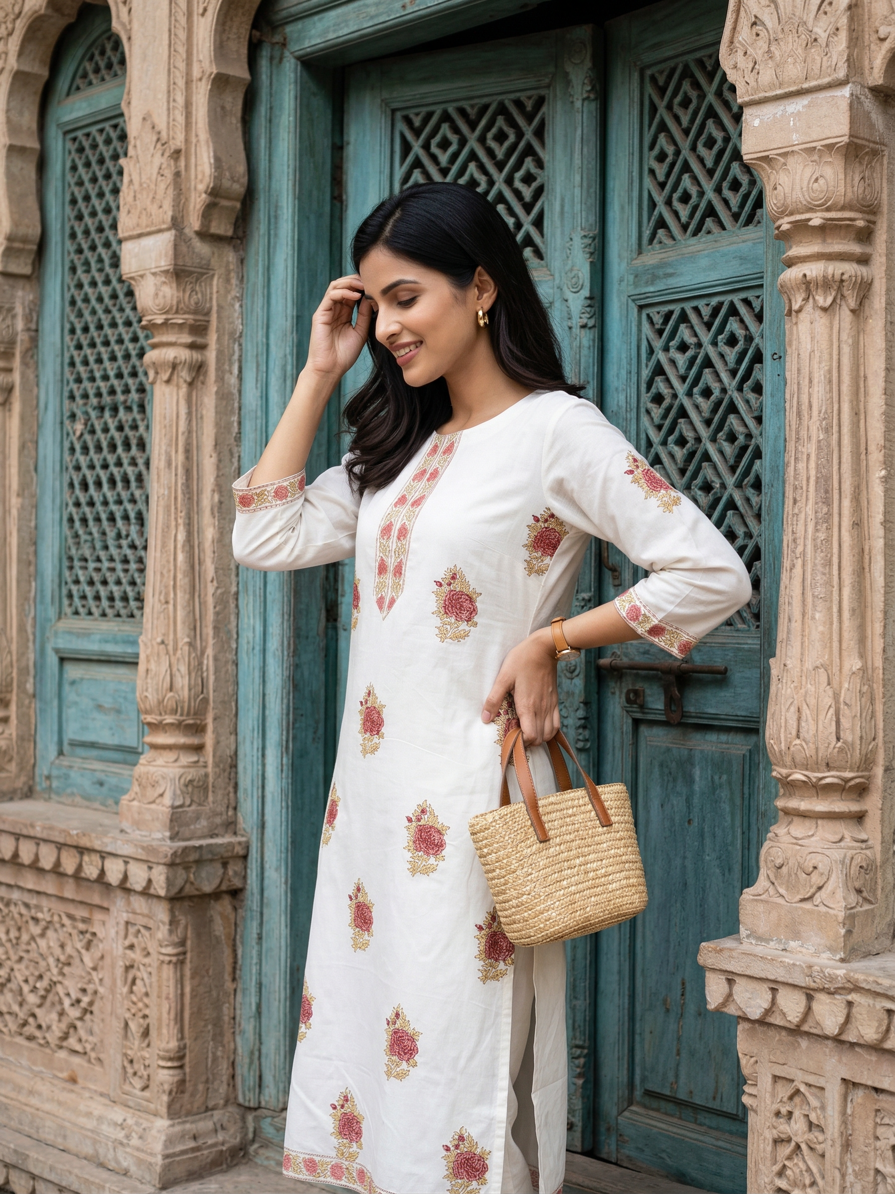 Peachish Pink Floral Butta Premium Cotton Kurta