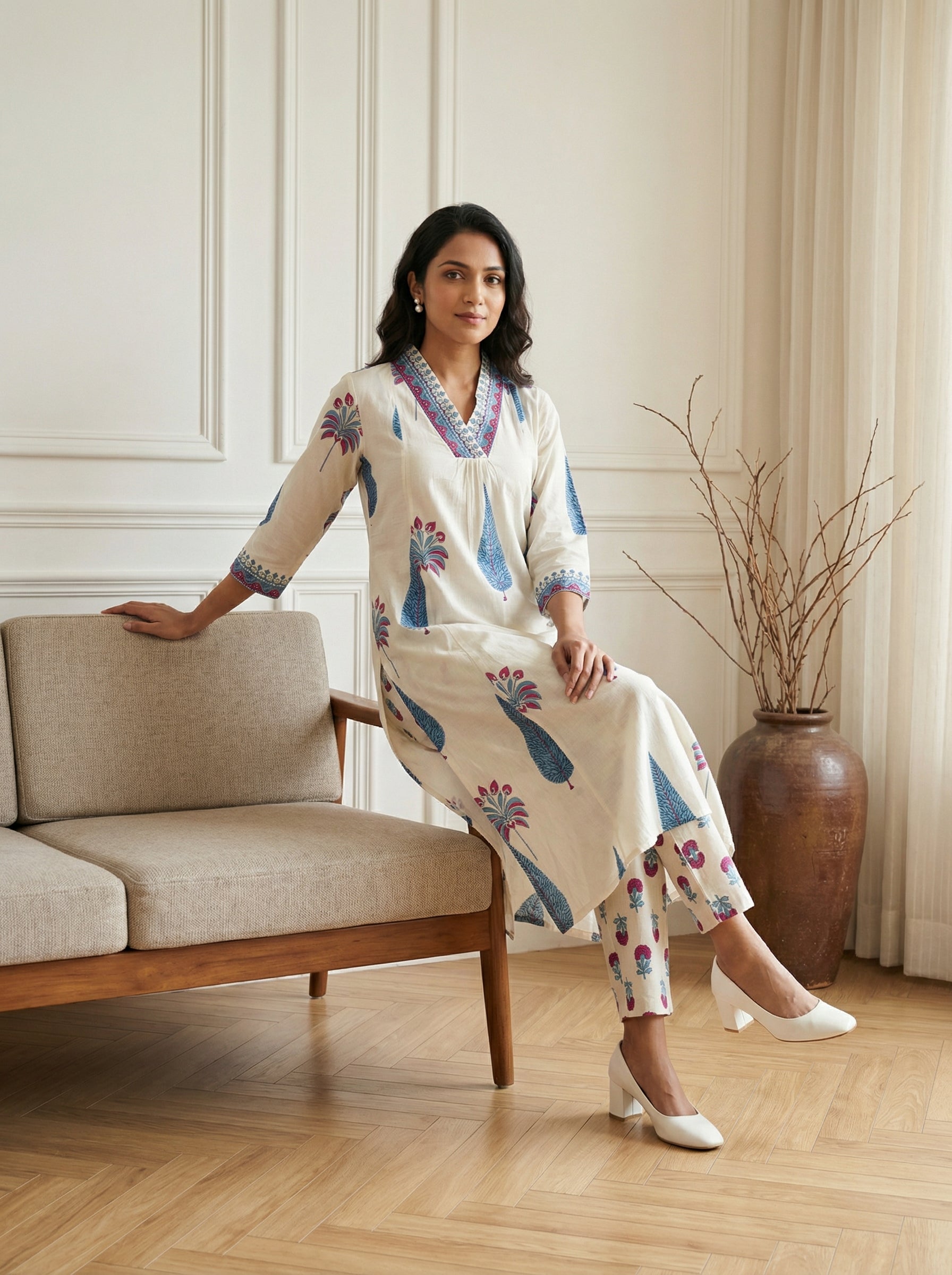 V-Neck Boota Elegance Off-white and Blue KPD Set