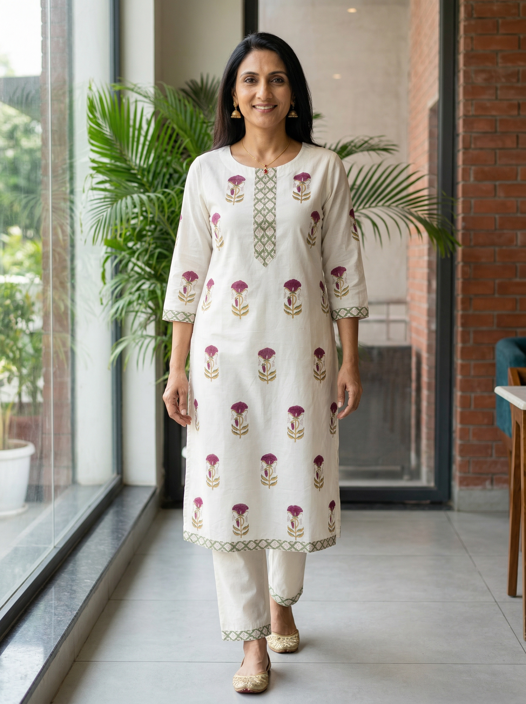 Wine Flower Butta Premium Cotton Kurta