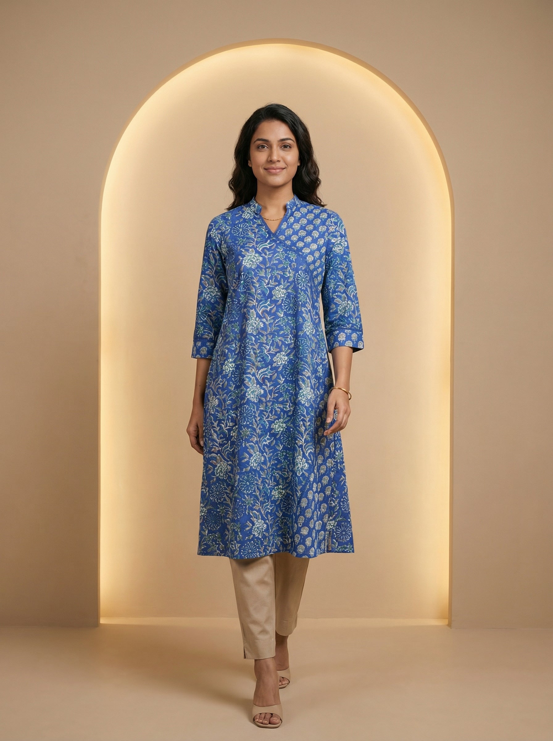 Blue Cotton Blooming Lace Kurta