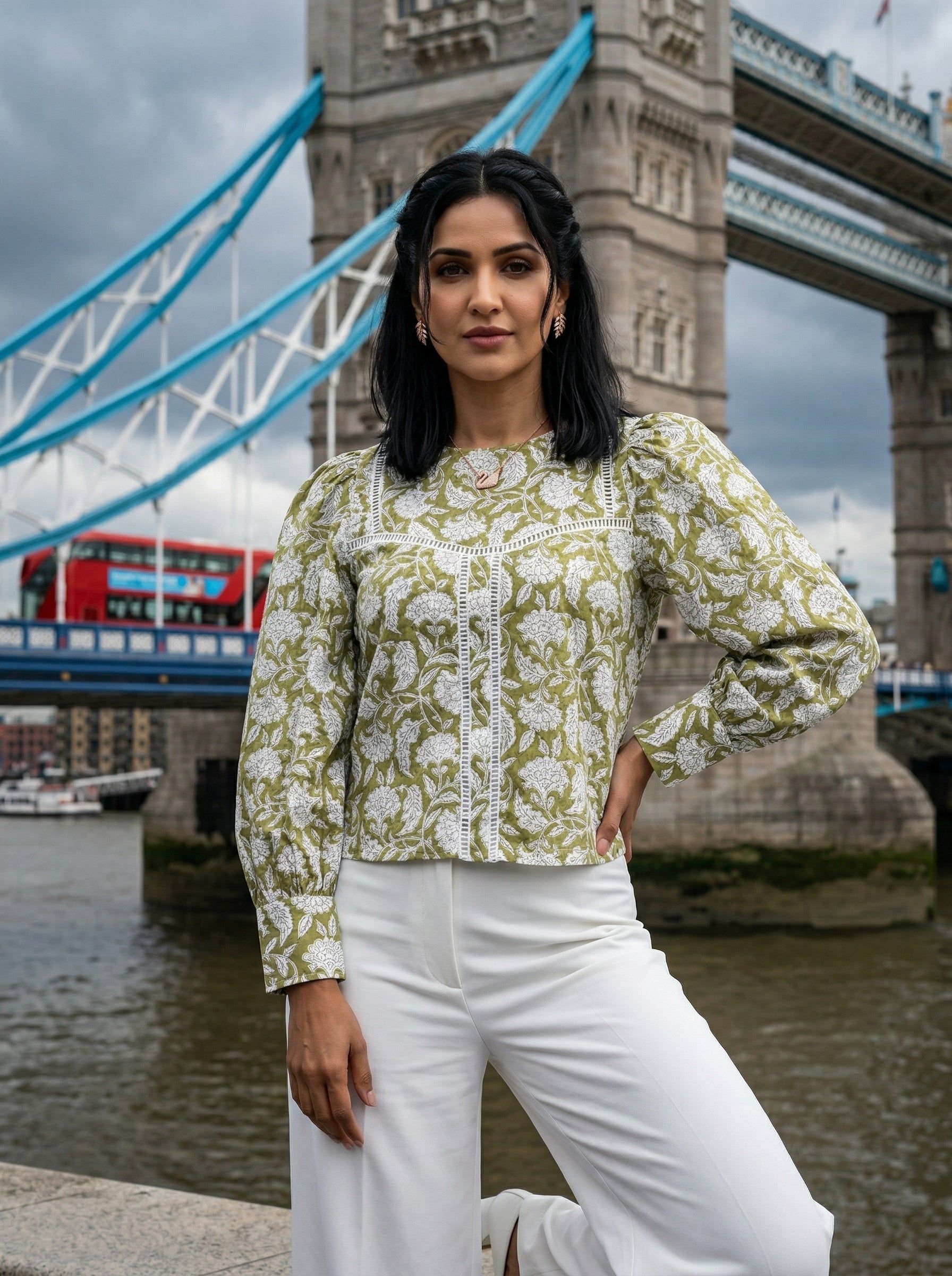 ROSE PUFF HAND BLOCK OLIVE GREEN COTTON TOP
