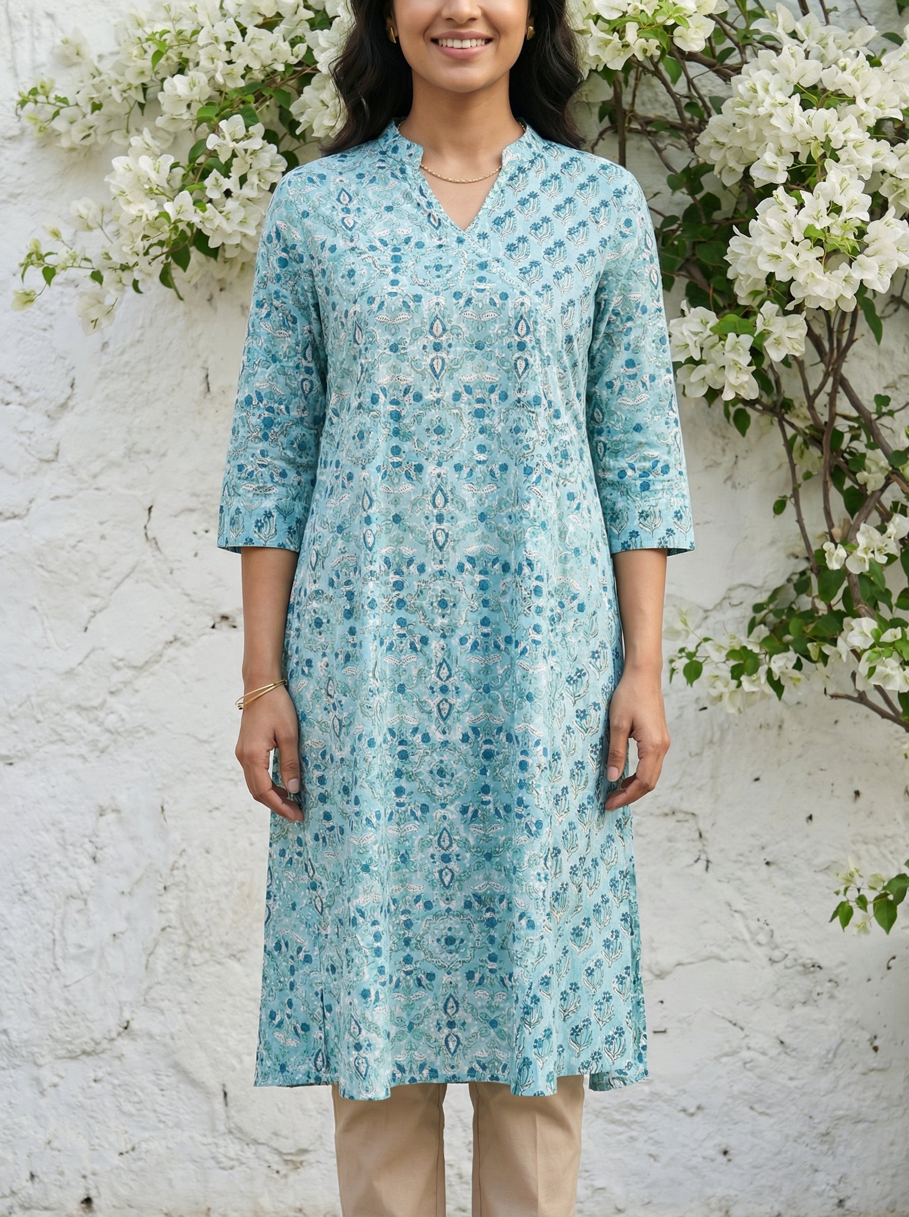 Sea Green Cotton Blooming Lace Kurta