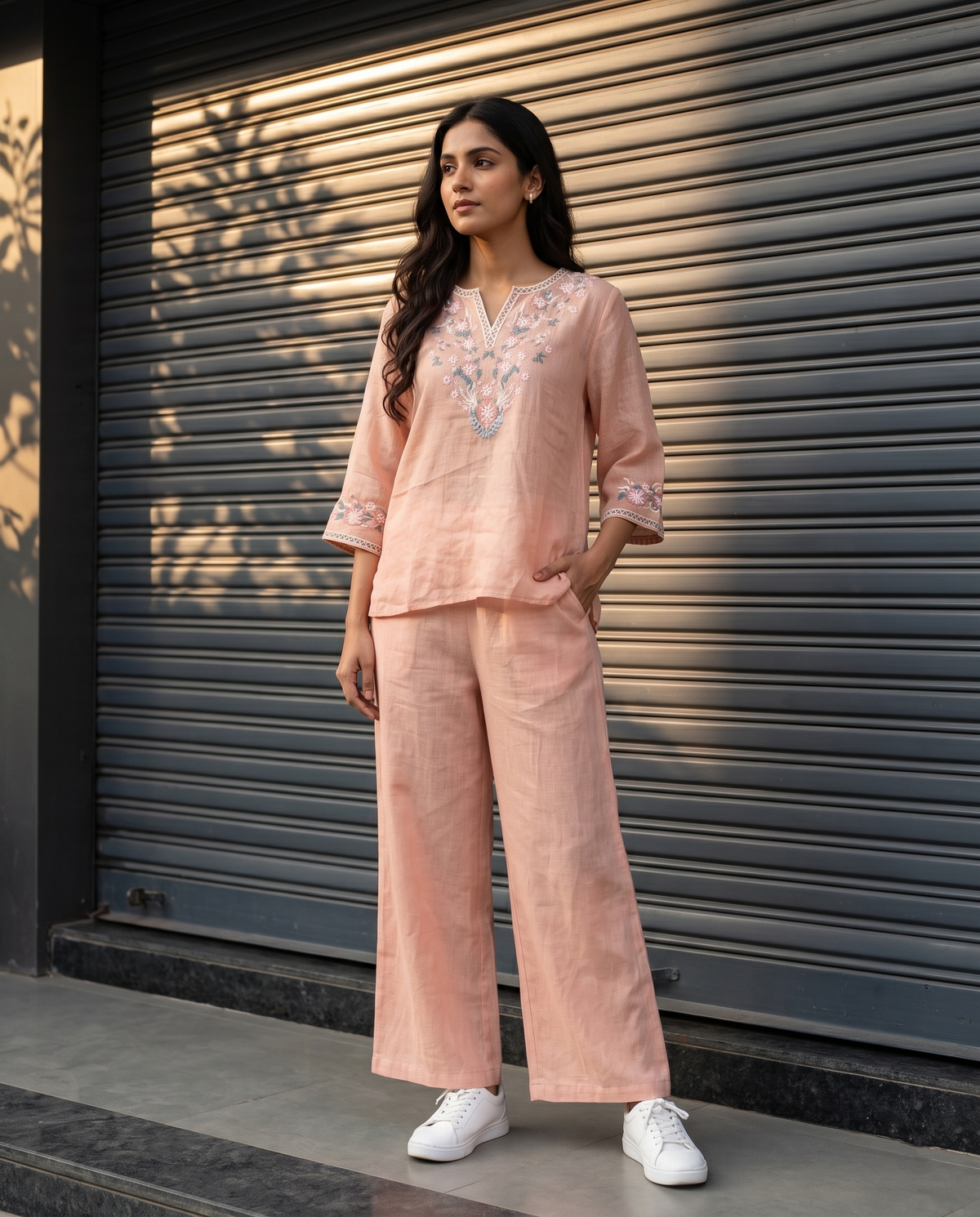 Floral Embroidered European Linen Top - Blush Pink