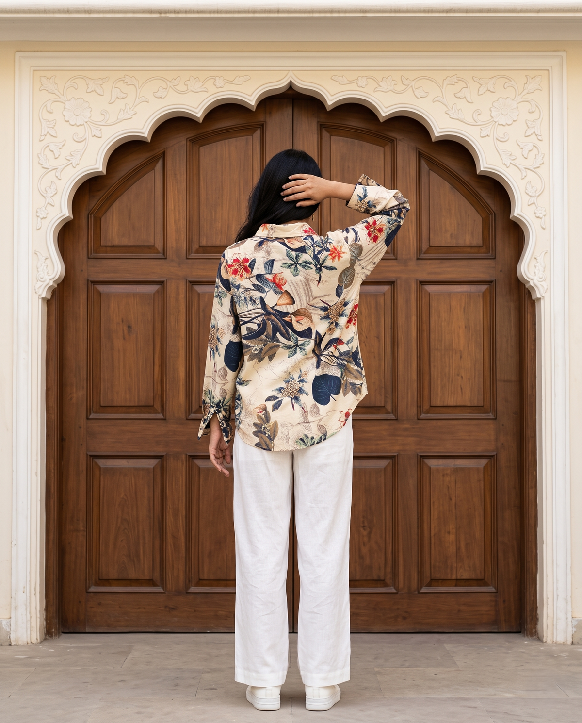 Bamboo Silk 150 GM Sand Beige Midnight Botanical Shirt