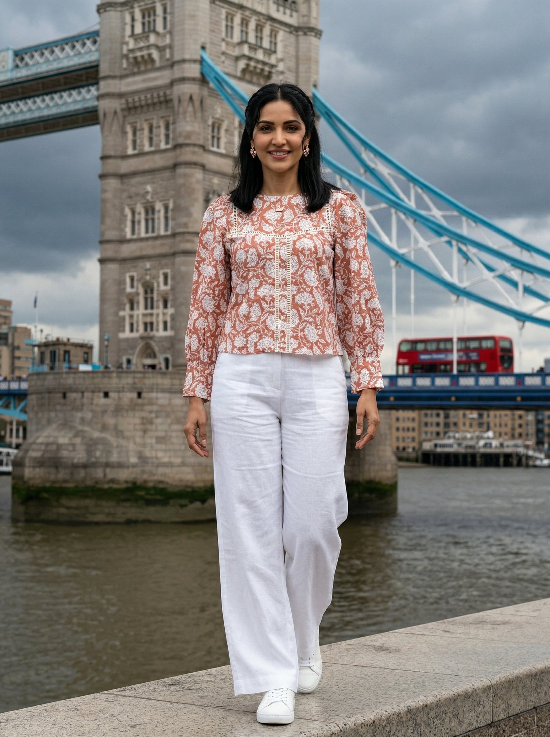 ROSE PUFF HAND BLOCK LIGHT BROWN COTTON TOP