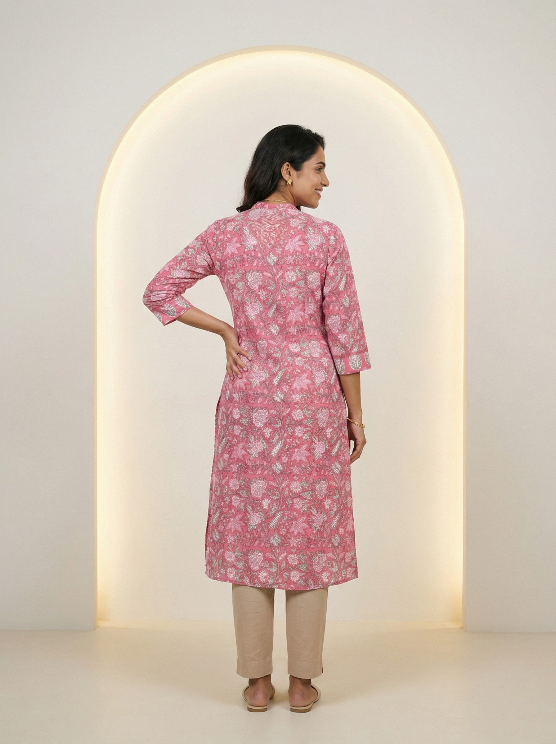 Pink Cotton Blooming Lace Kurta