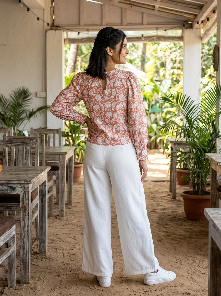 ROSE PUFF HAND BLOCK LIGHT BROWN COTTON TOP