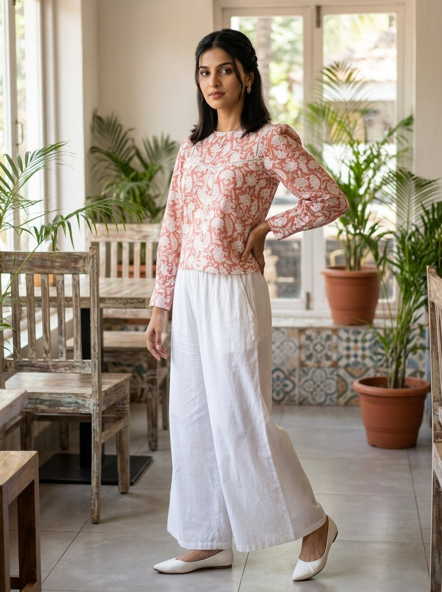 ROSE PUFF HAND BLOCK LIGHT BROWN COTTON TOP