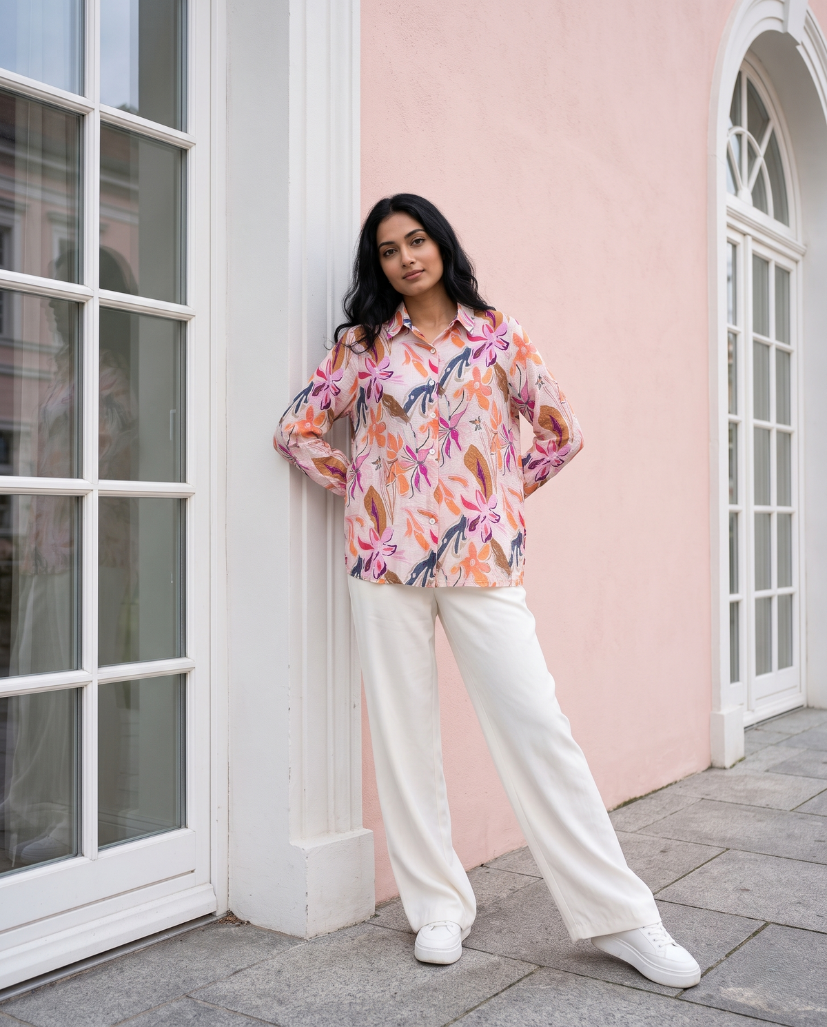 Bamboo Silk 150 GM Peach Orchid Abstract Floral Shirt
