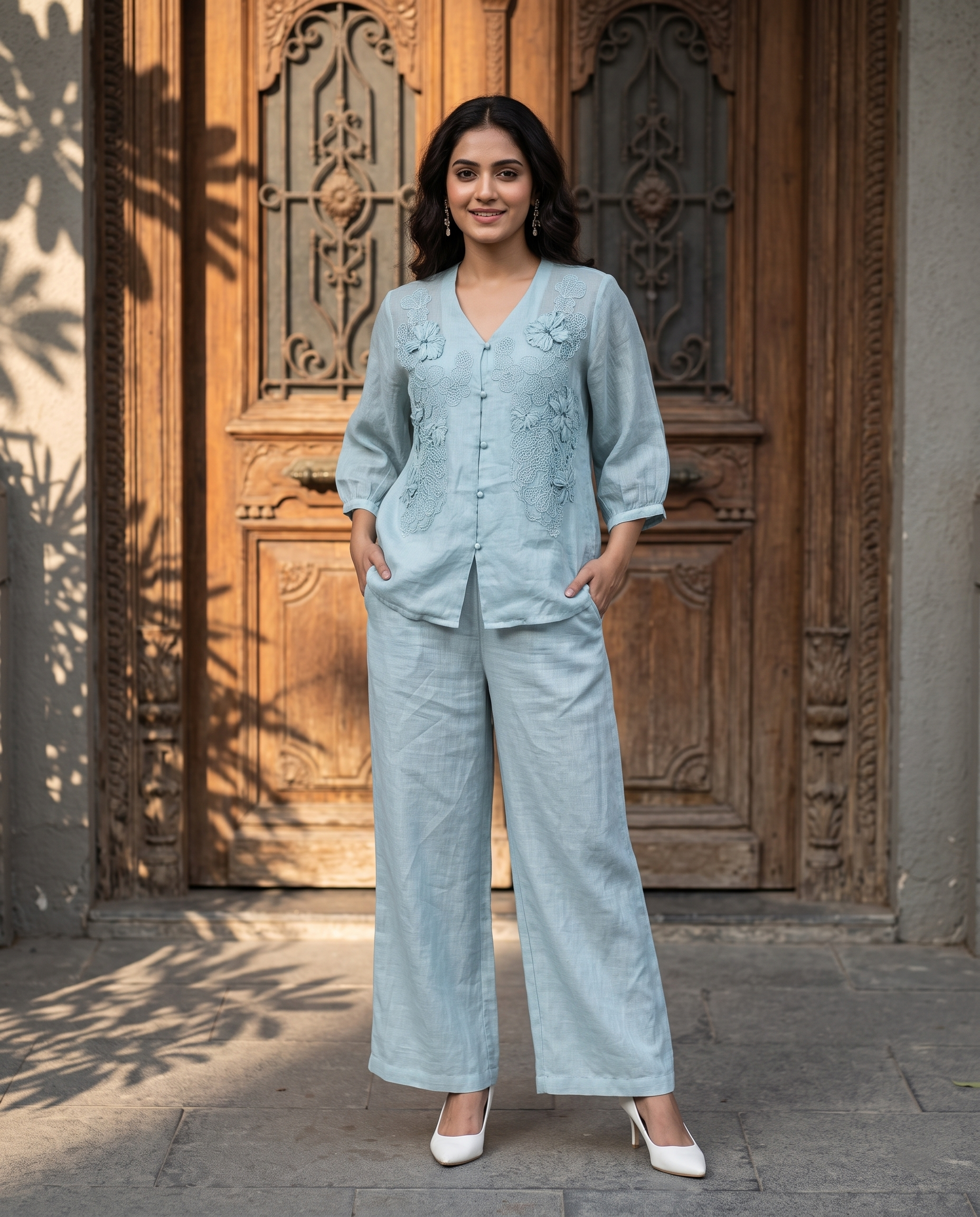 Sky Petal European Linen Top - Powder Blue