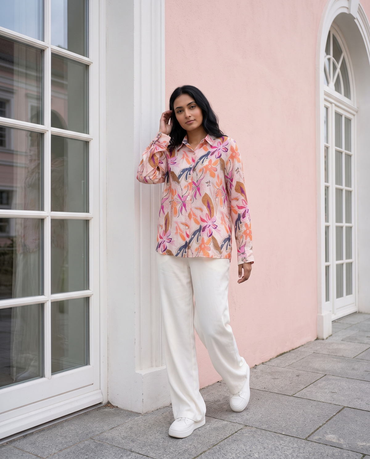 Bamboo Silk 150 GM Peach Orchid Abstract Floral Shirt