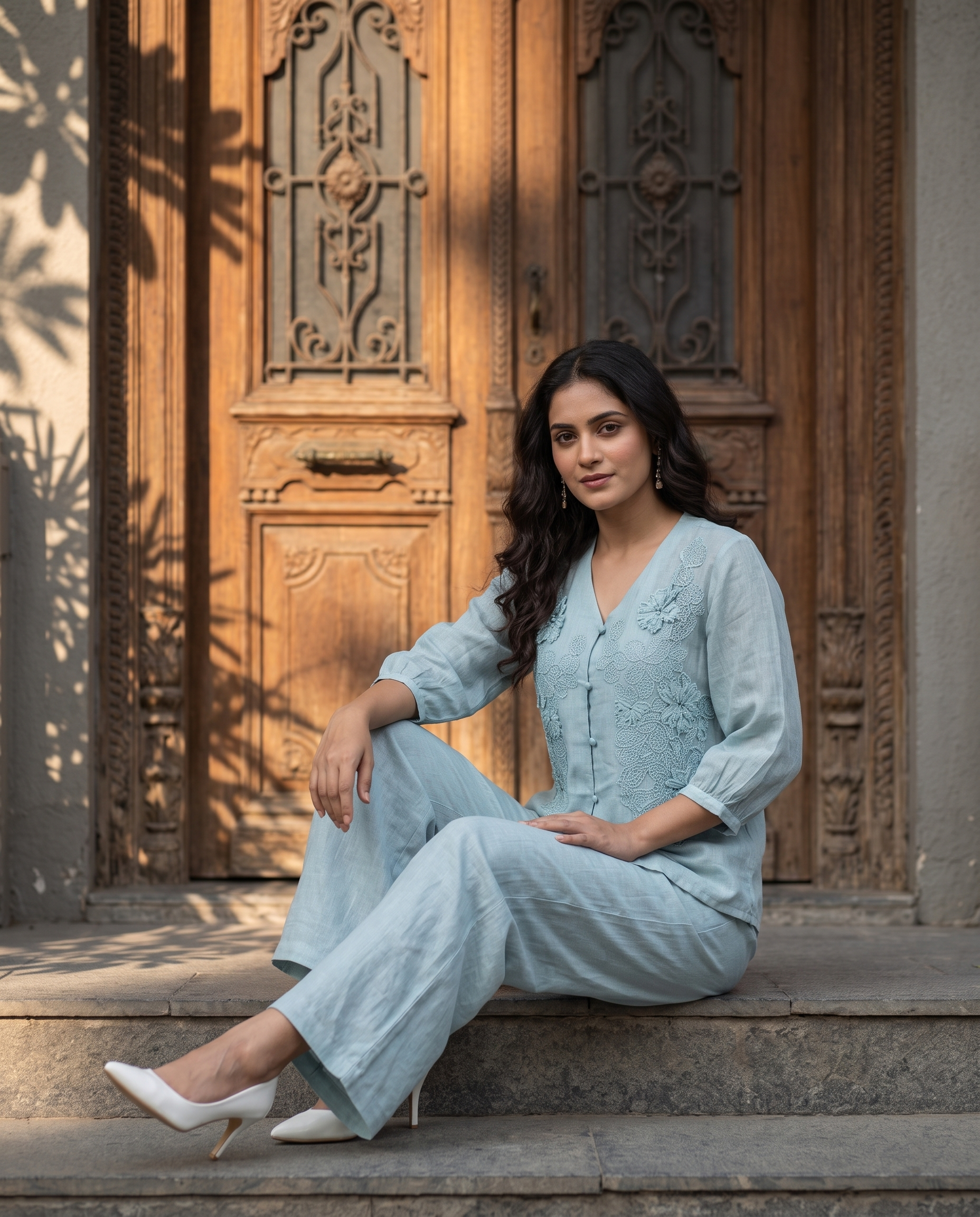 Sky Petal European Linen Top - Powder Blue