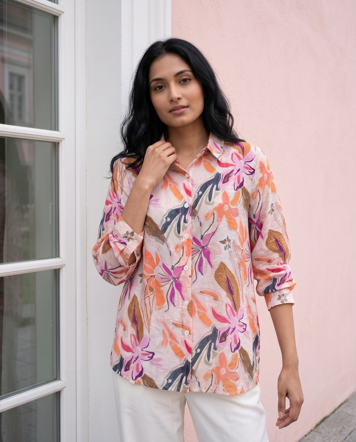 Bamboo Silk 150 GM Peach Orchid Abstract Floral Shirt