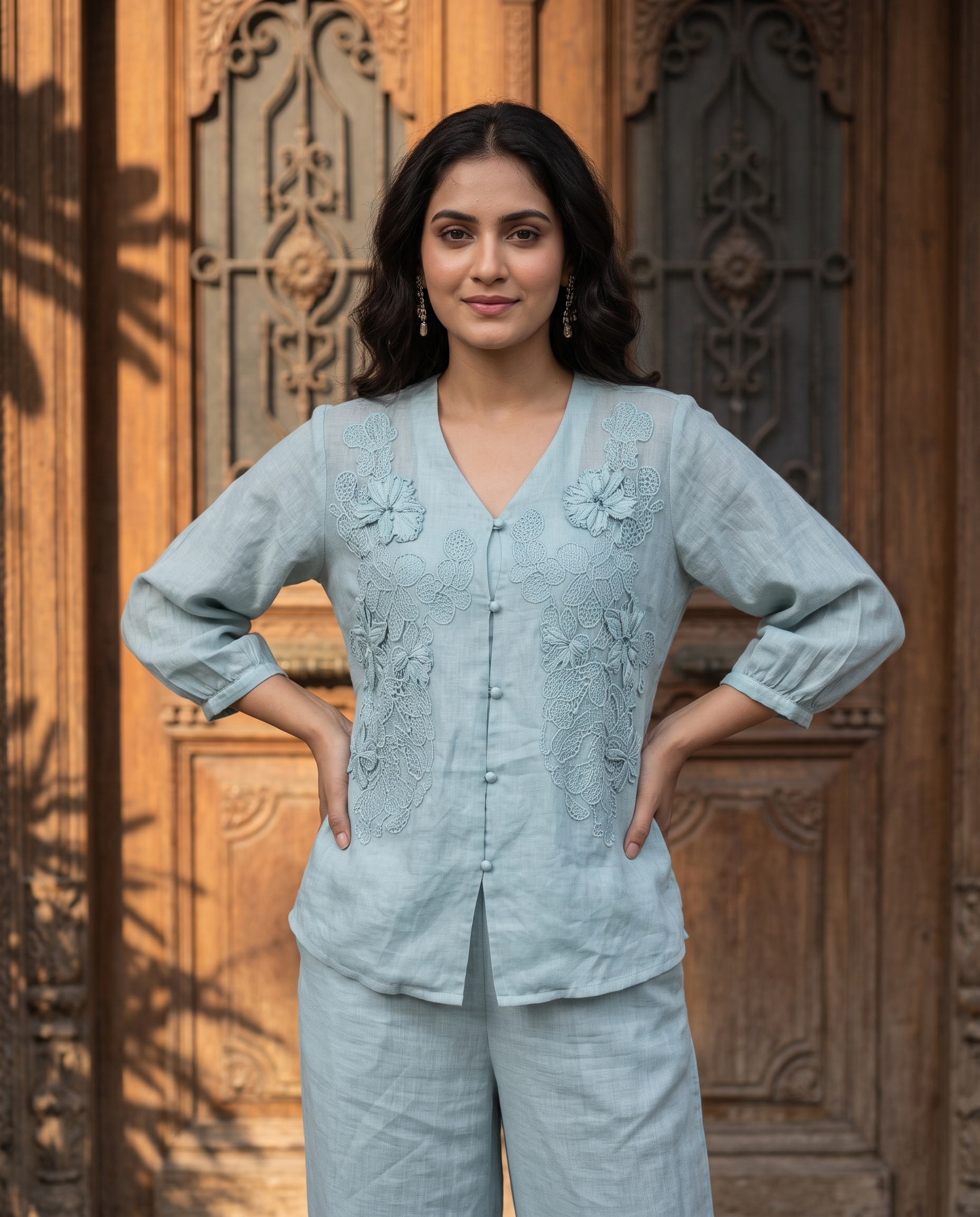Sky Petal European Linen Top - Powder Blue