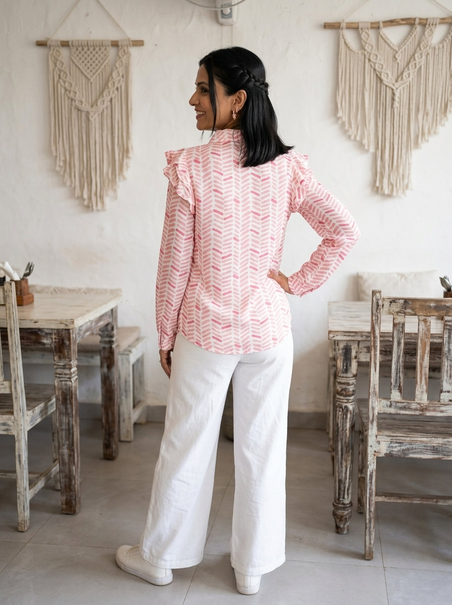 FRILL PEACHISH PINK FINE COTTON TOP (HANDPRINTED)