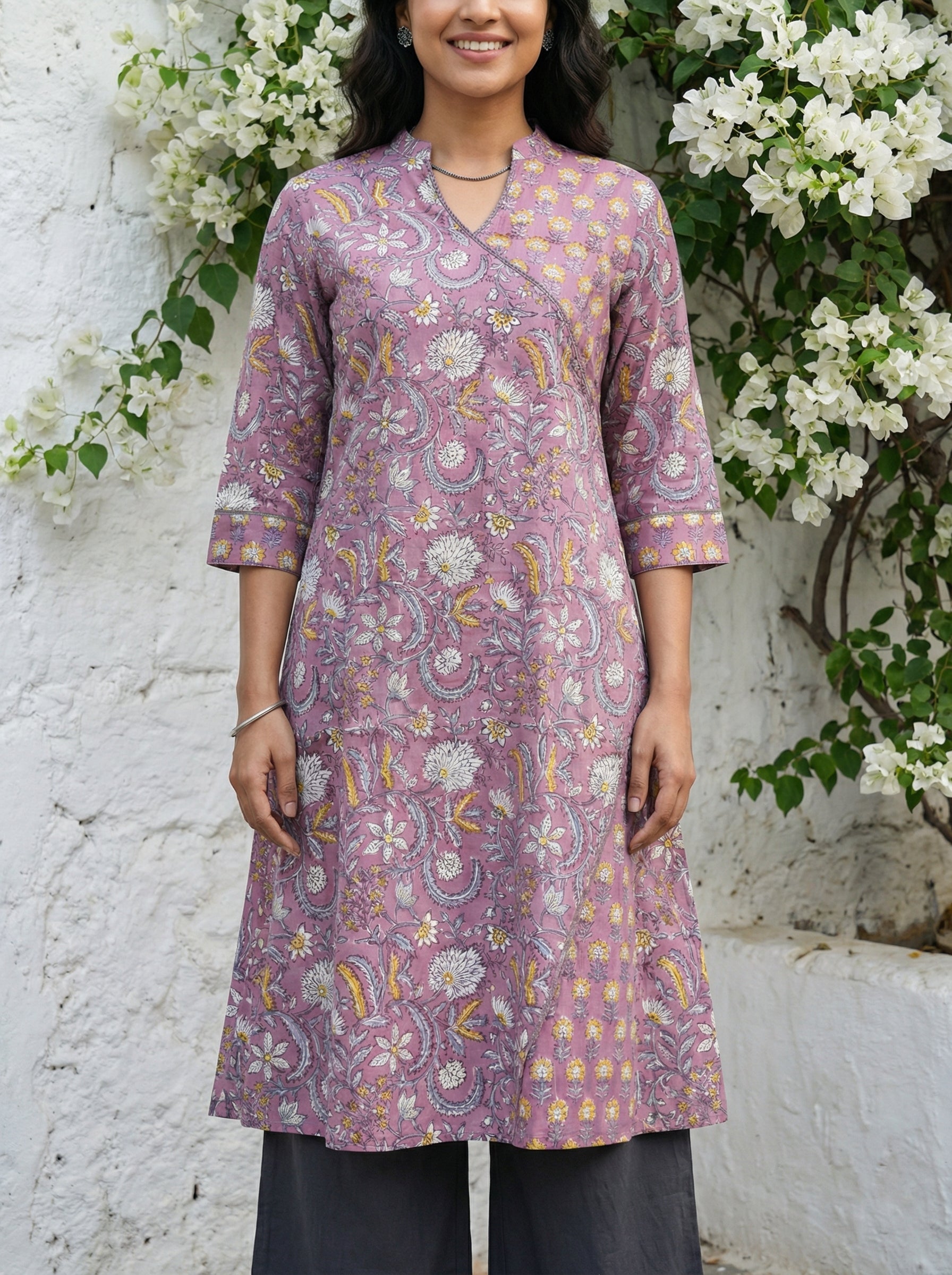Onion Pink Cotton Blooming Lace Kurta