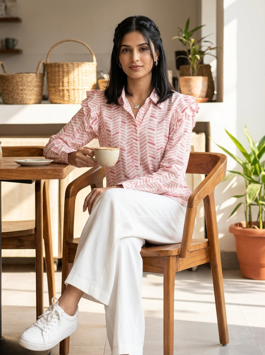 FRILL PEACHISH PINK FINE COTTON TOP (HANDPRINTED)