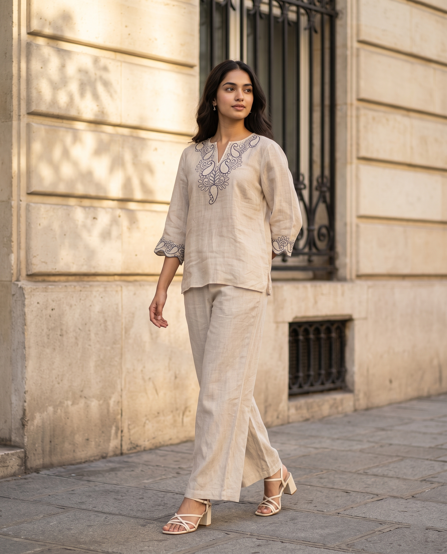 Paisley Embroidered European Linen Top - Natural Beige