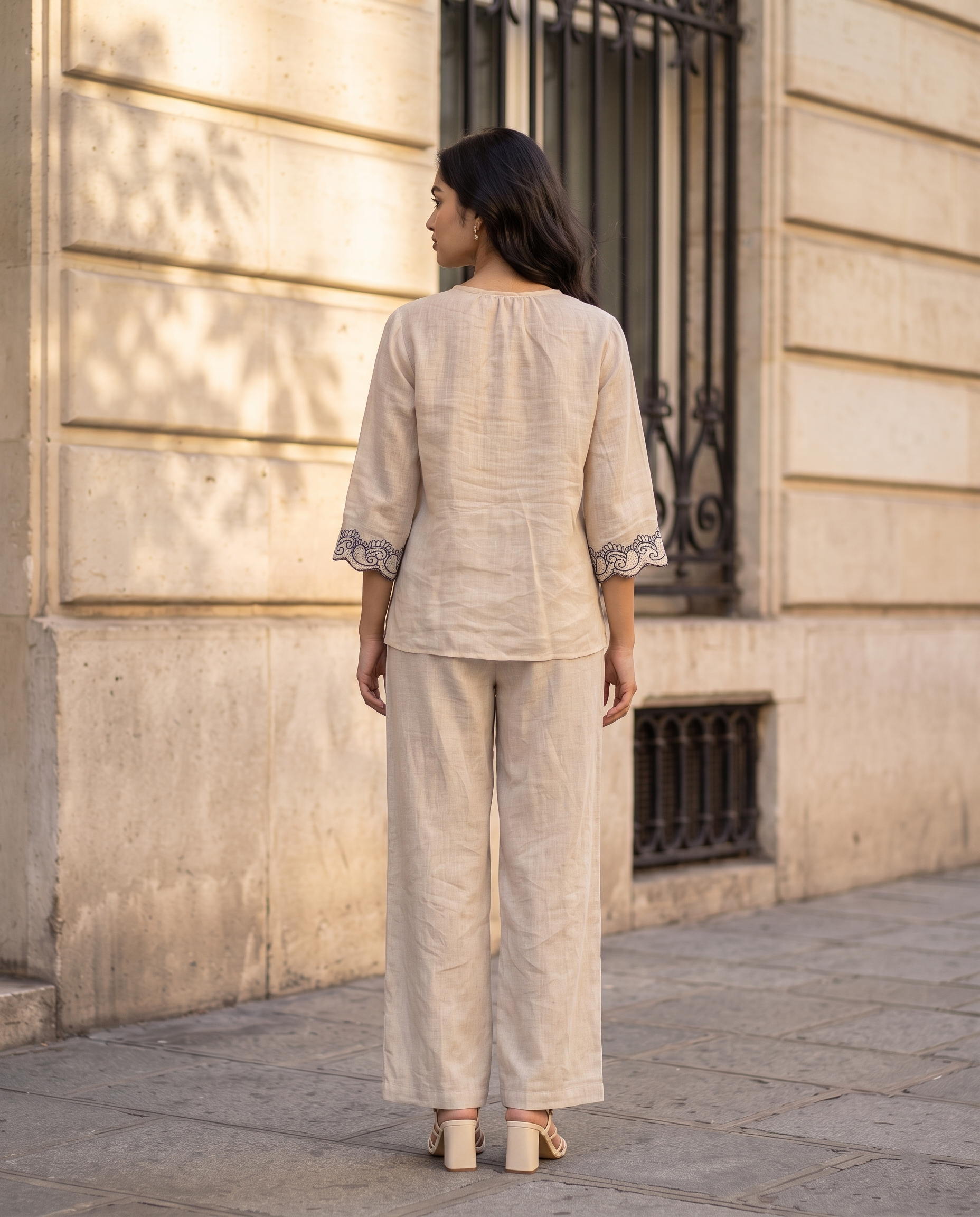 Paisley Embroidered European Linen Top - Natural Beige