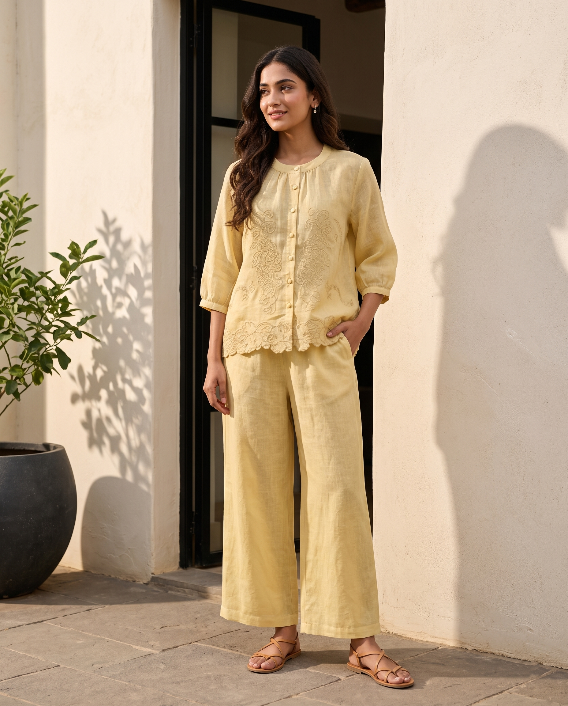 Buttercream Floral Embroidered European Linen Top - Butter Yellow