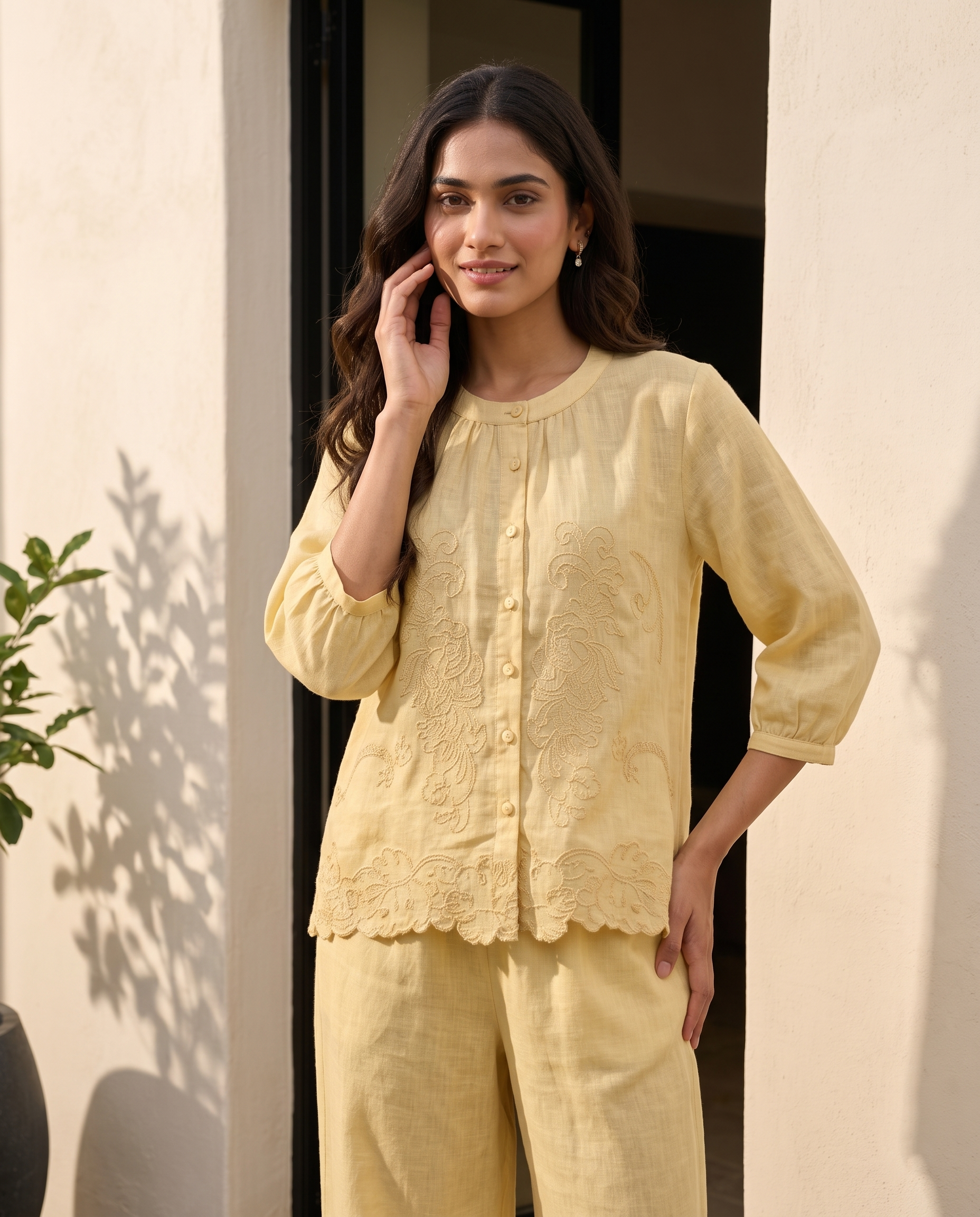 Buttercream Floral Embroidered European Linen Top - Butter Yellow