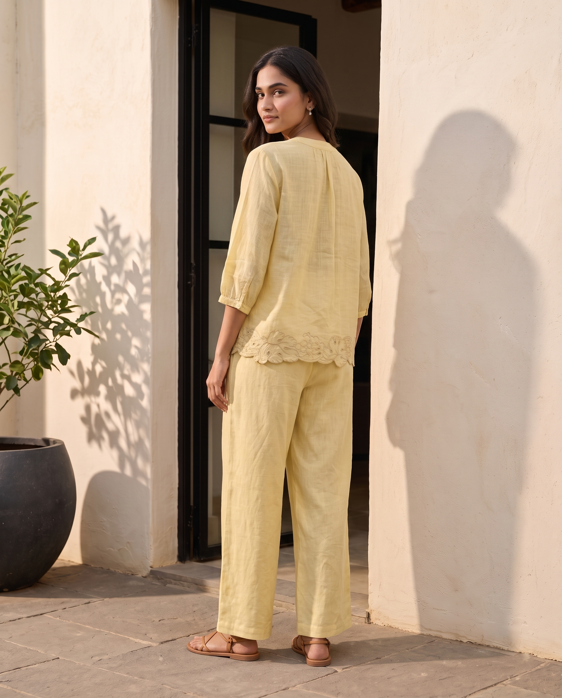 Buttercream Floral Embroidered European Linen Top - Butter Yellow