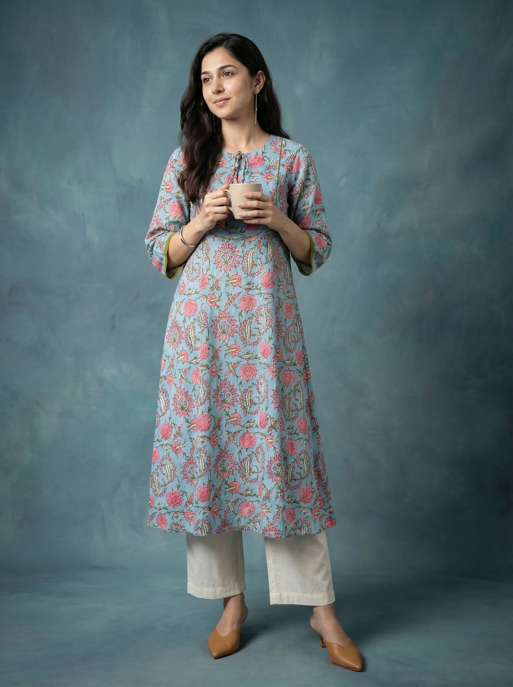 Jazz Waves Cotton Sky Blue Yoke Kurta